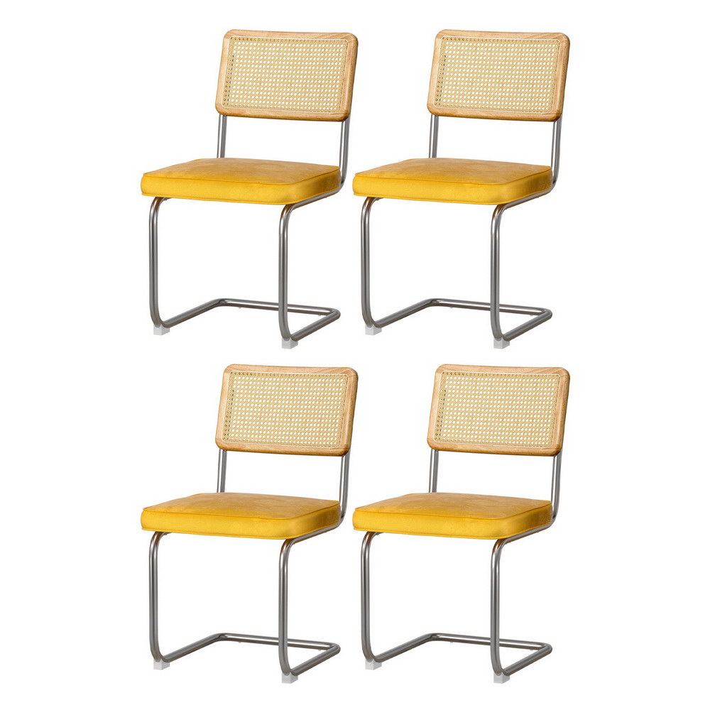 Artiss Dining Chairs Set of 4 Velvet Rattan Cantilever Yellow - Image 1