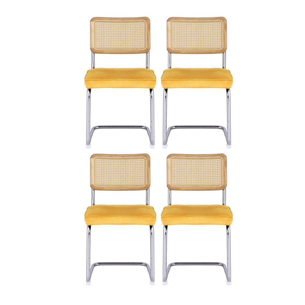 Artiss Dining Chairs Set of 4 Velvet Rattan Cantilever Yellow - Image 3