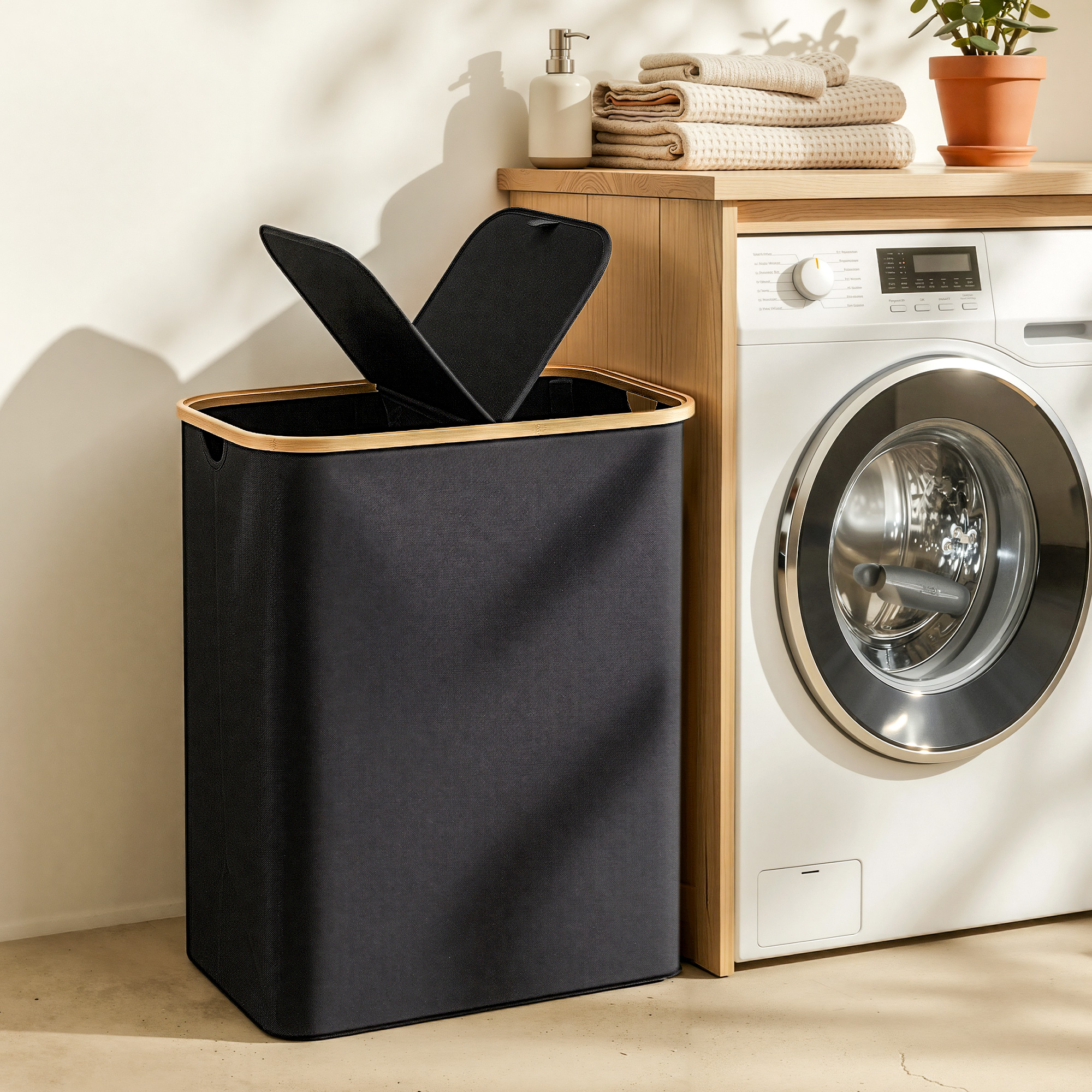 Artiss 2 Sections Laundry Basket with Removable Bags Foldable Black - Image 1