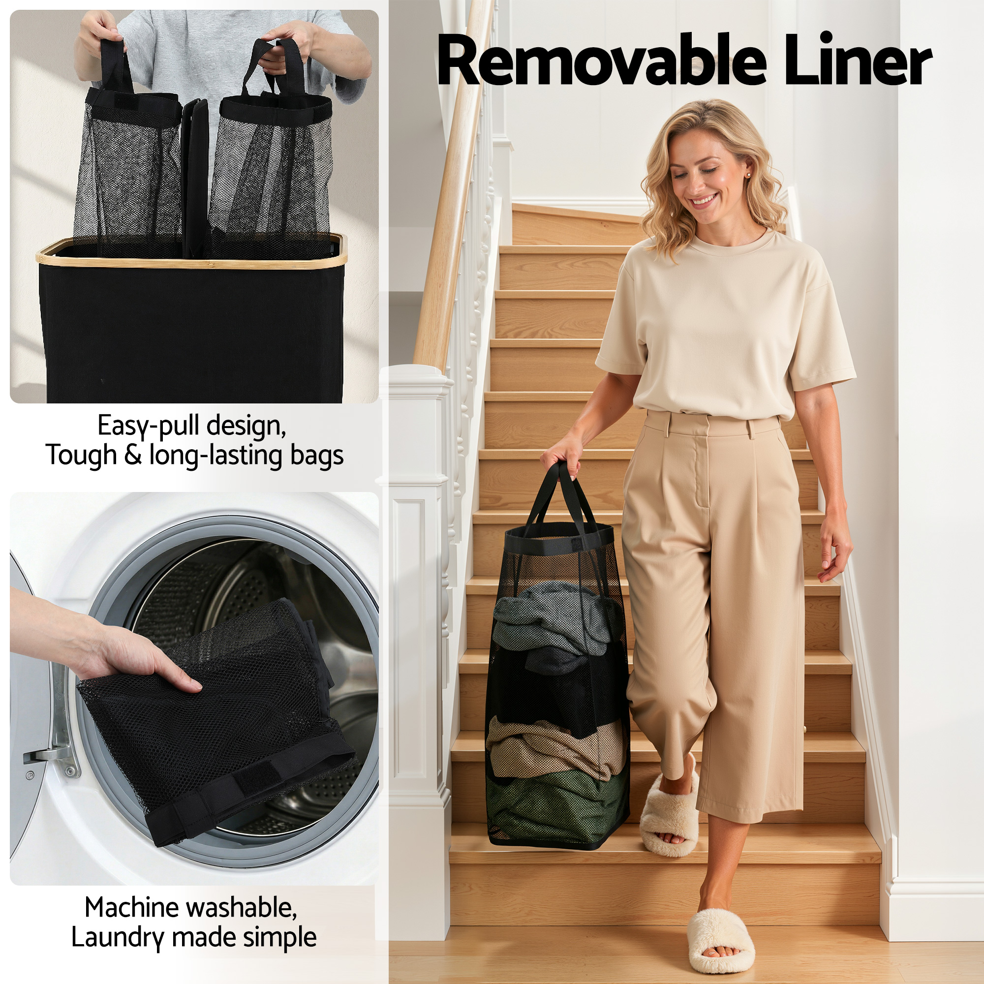 Artiss 2 Sections Laundry Basket with Removable Bags Foldable Black - Image 5
