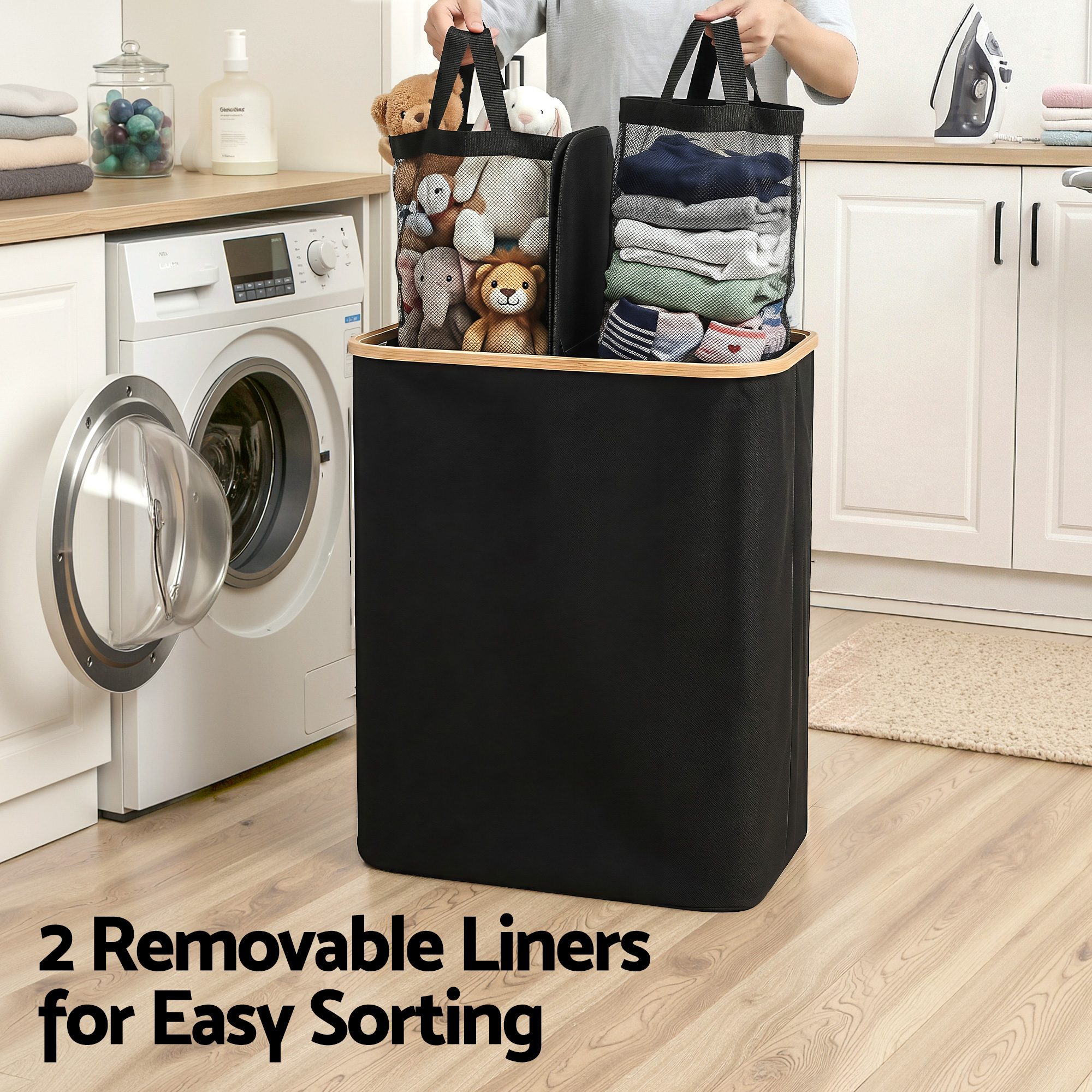 Artiss 2 Sections Laundry Basket with Removable Bags Foldable Black - Image 6