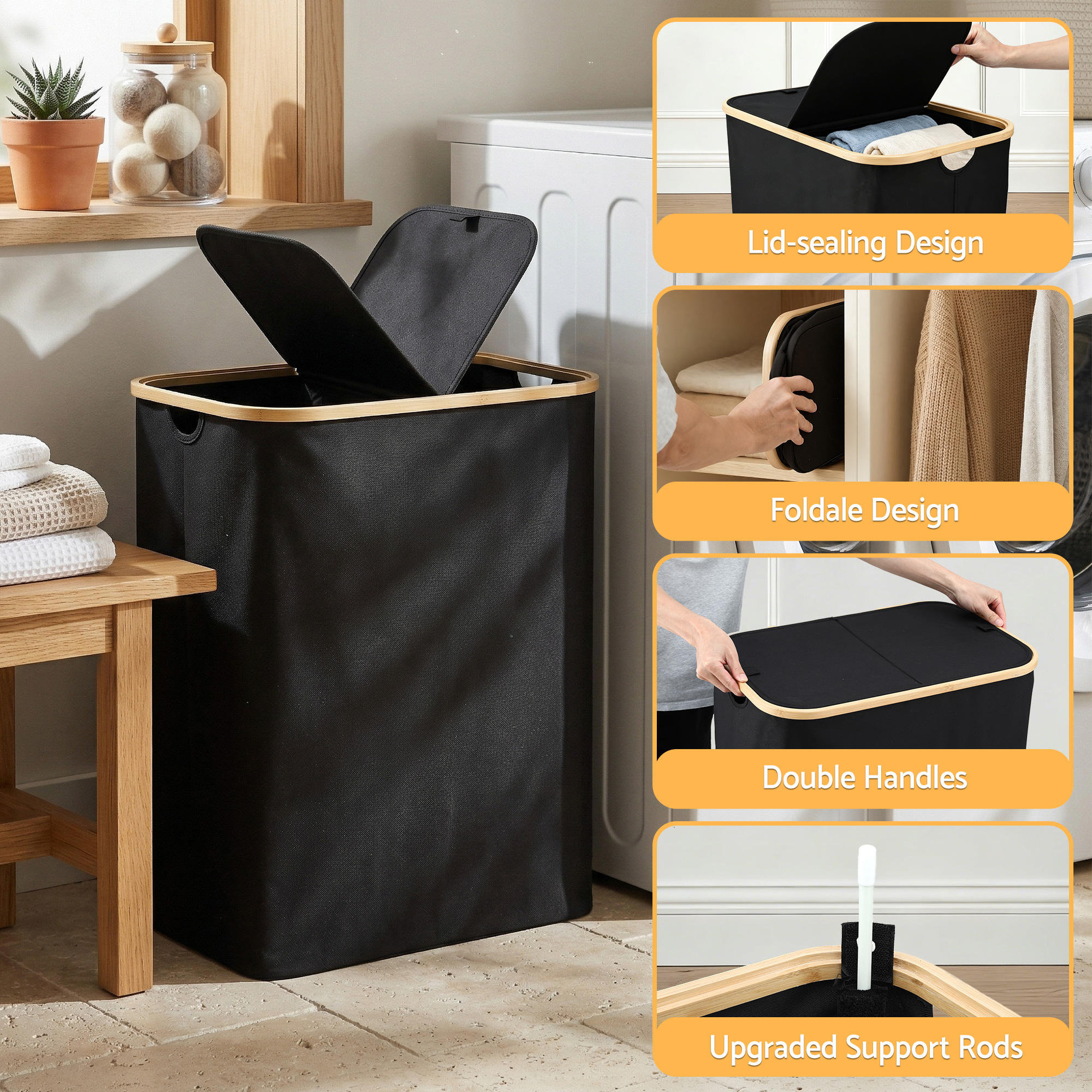 Artiss 2 Sections Laundry Basket with Removable Bags Foldable Black - Image 7