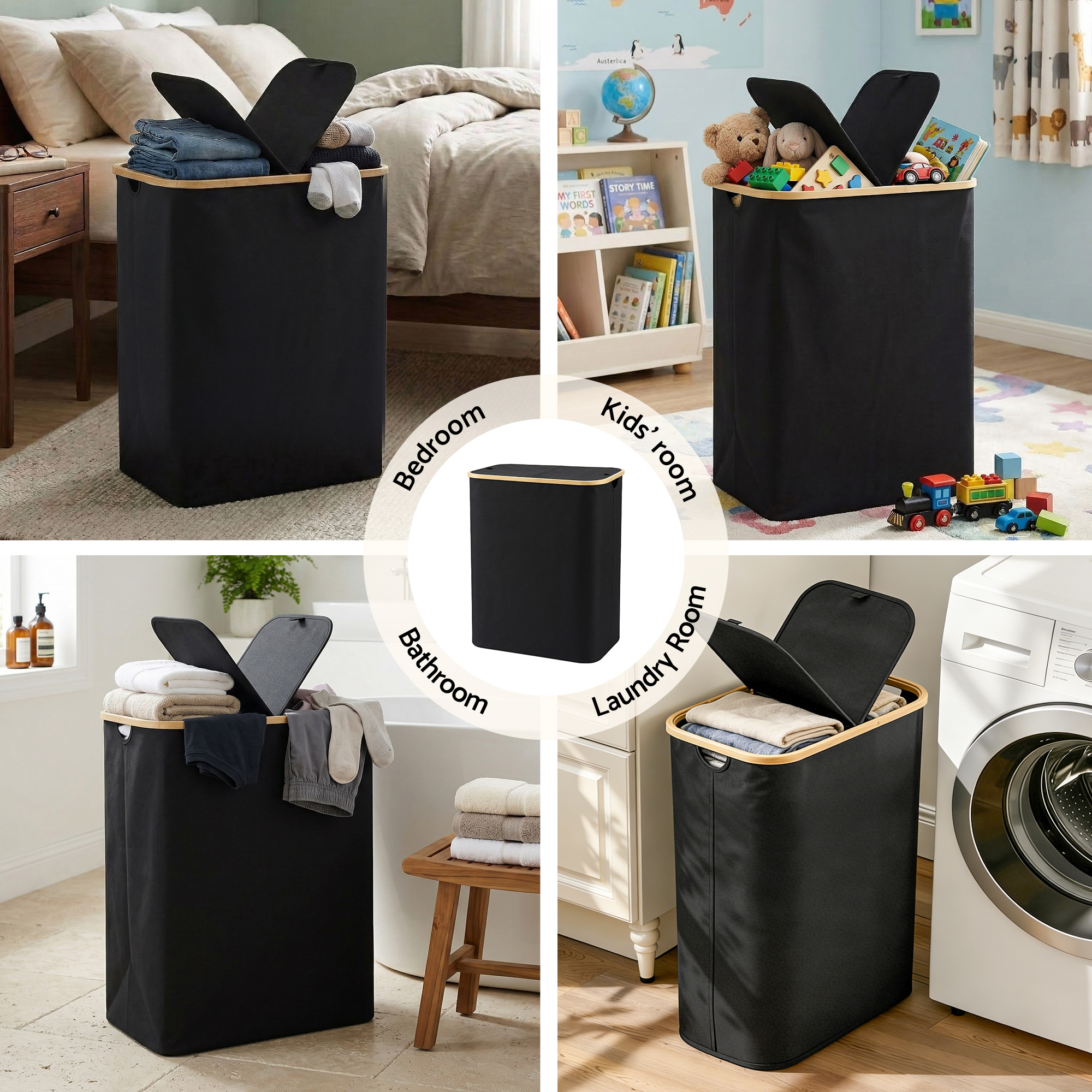 Artiss 2 Sections Laundry Basket with Removable Bags Foldable Black - Image 8