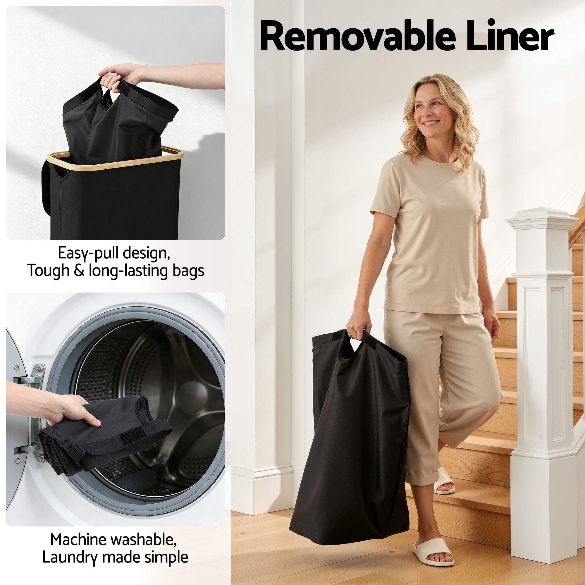 Artiss Laundry Basket with Removable Bag Foldable Black - Image 5