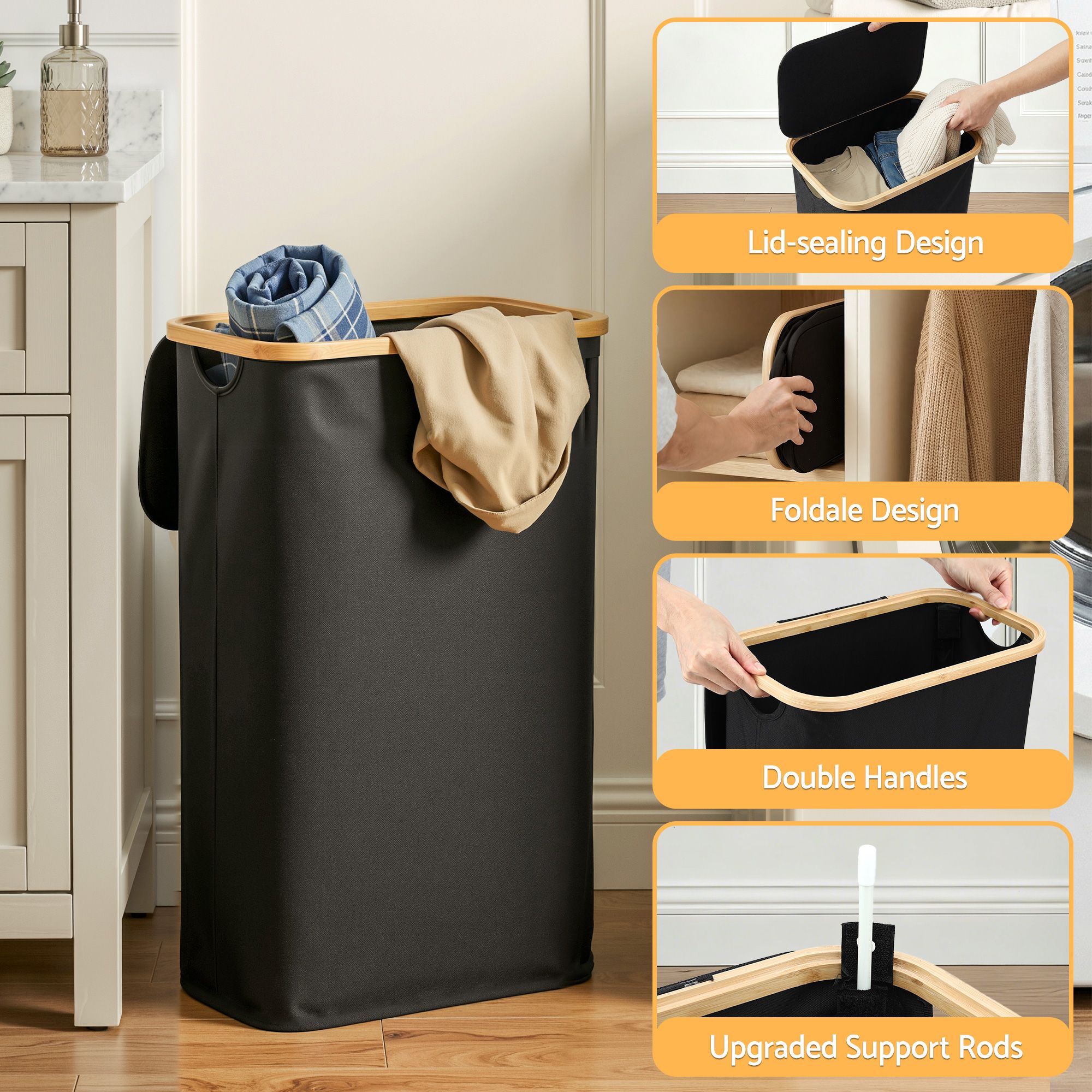 Artiss Laundry Basket with Removable Bag Foldable Black - Image 7