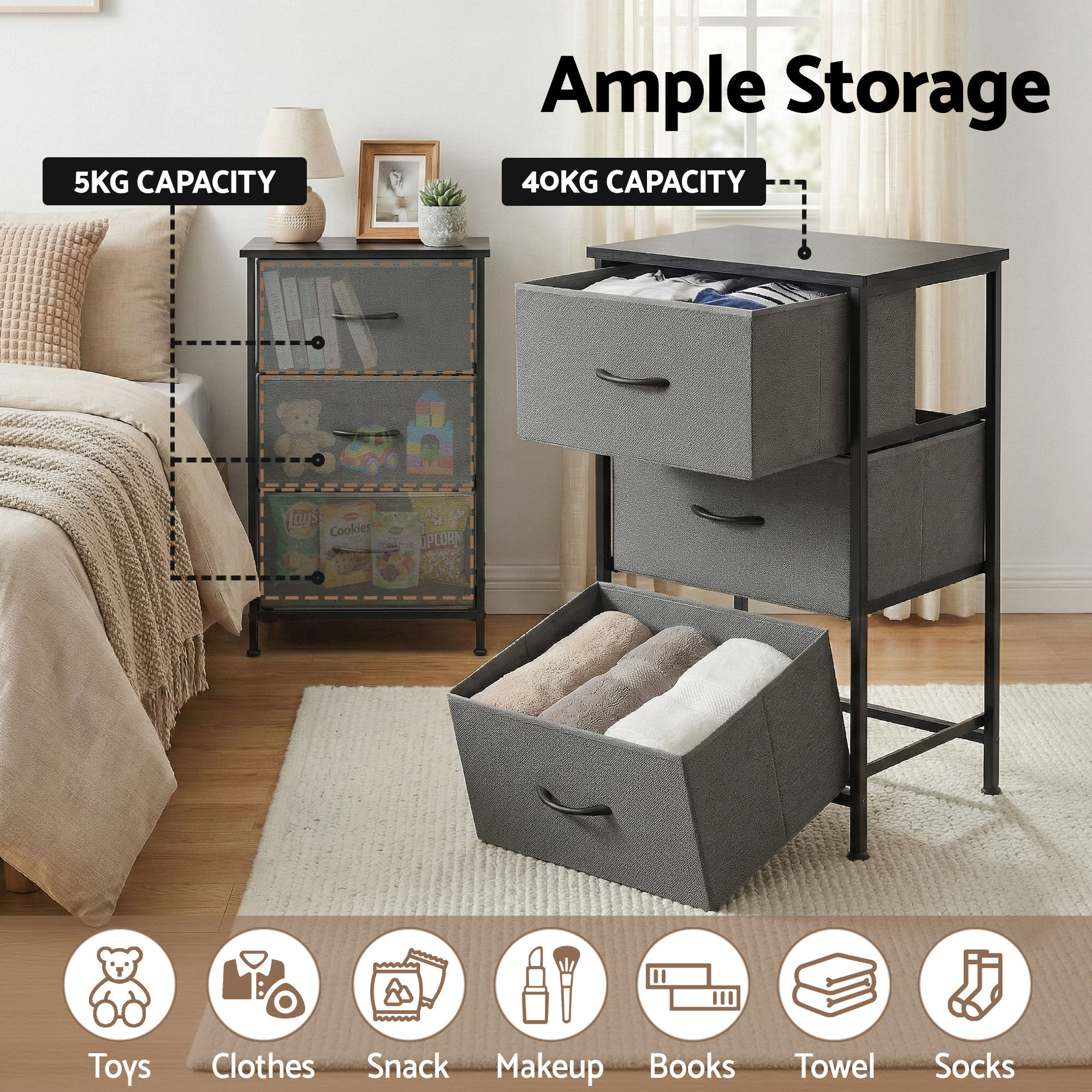 Artiss Set of 2 Chest of 3 Drawers Storage Dresser Tallboy Grey - Image 5