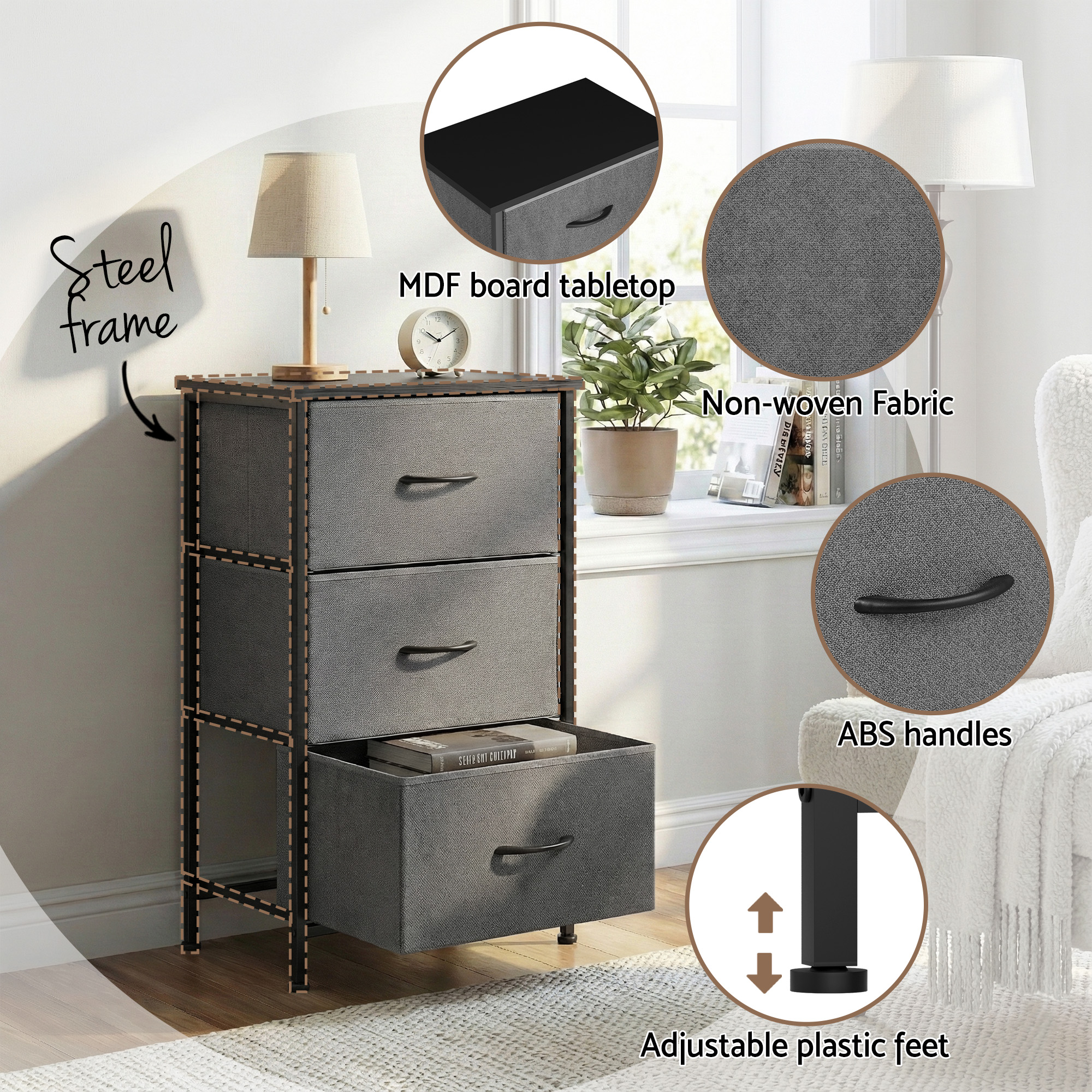 Artiss Set of 2 Chest of 3 Drawers Storage Dresser Tallboy Grey - Image 6