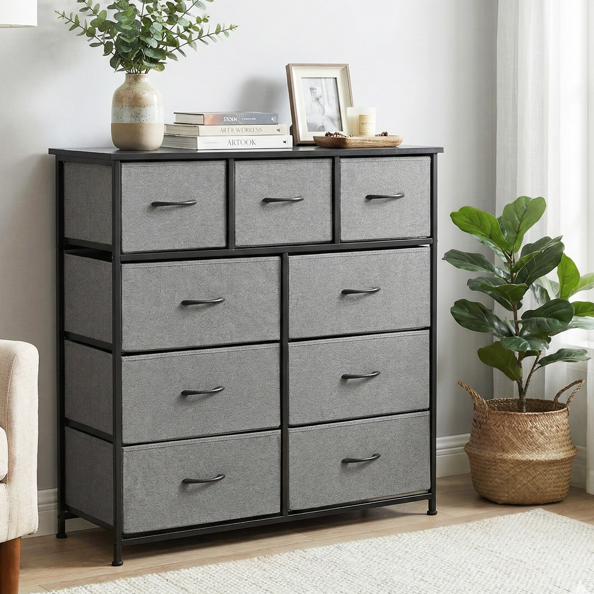 Artiss Chest of 9 Drawers Storage Dresser Tallboy Dark Grey - Image 1
