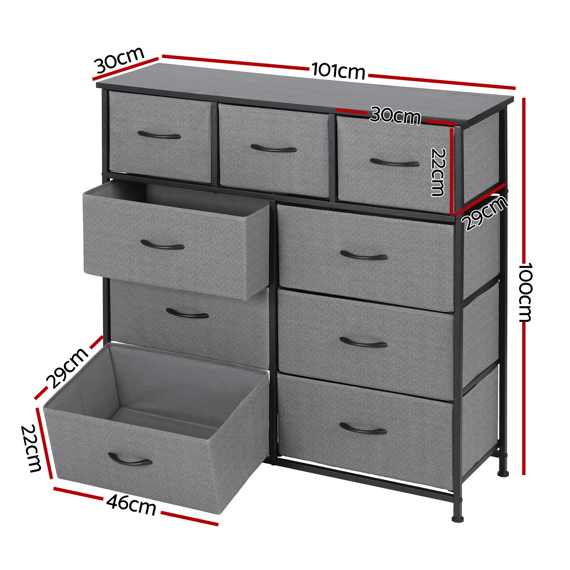 Artiss Chest of 9 Drawers Storage Dresser Tallboy Dark Grey - Image 3