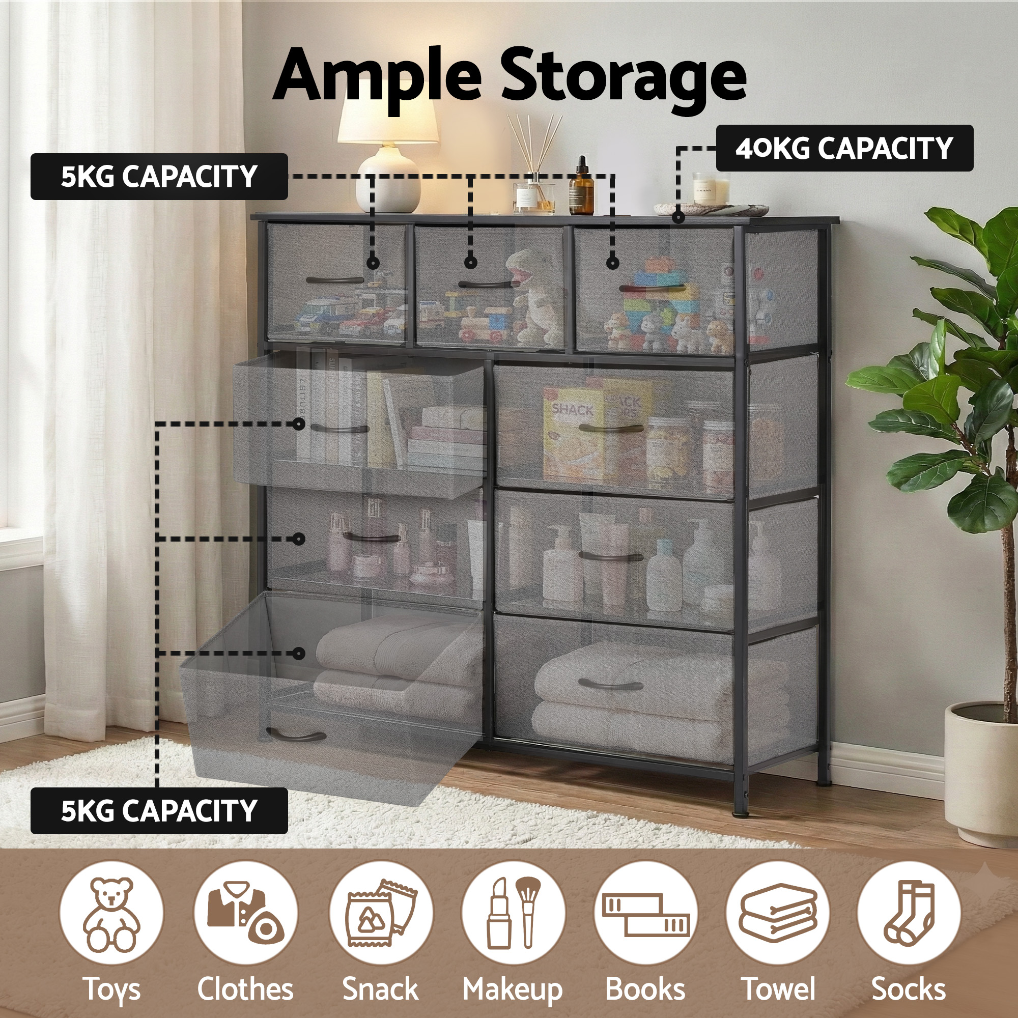 Artiss Chest of 9 Drawers Storage Dresser Tallboy Dark Grey - Image 5