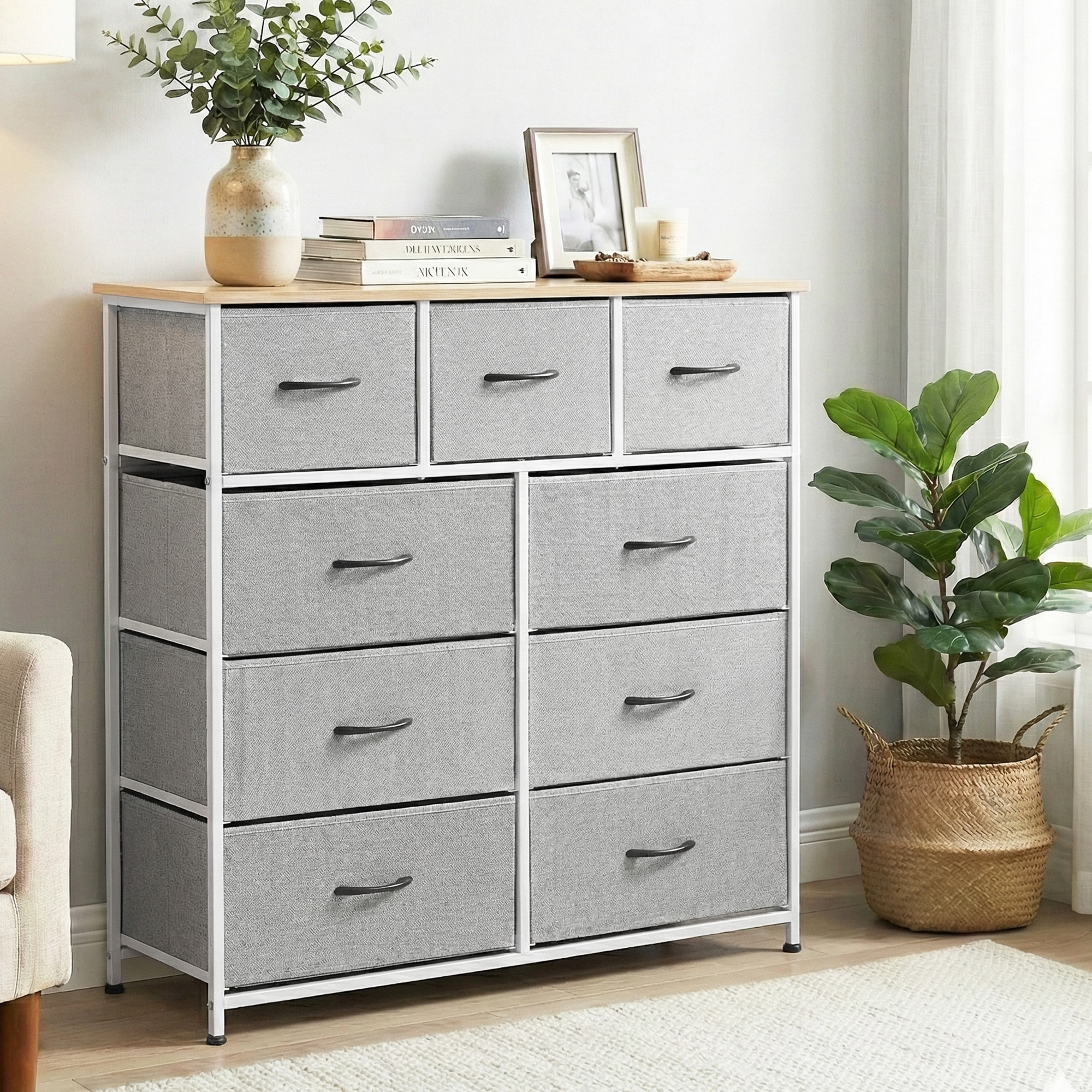 Artiss Chest of 9 Drawers Storage Dresser Tallboy Light Grey - Image 1
