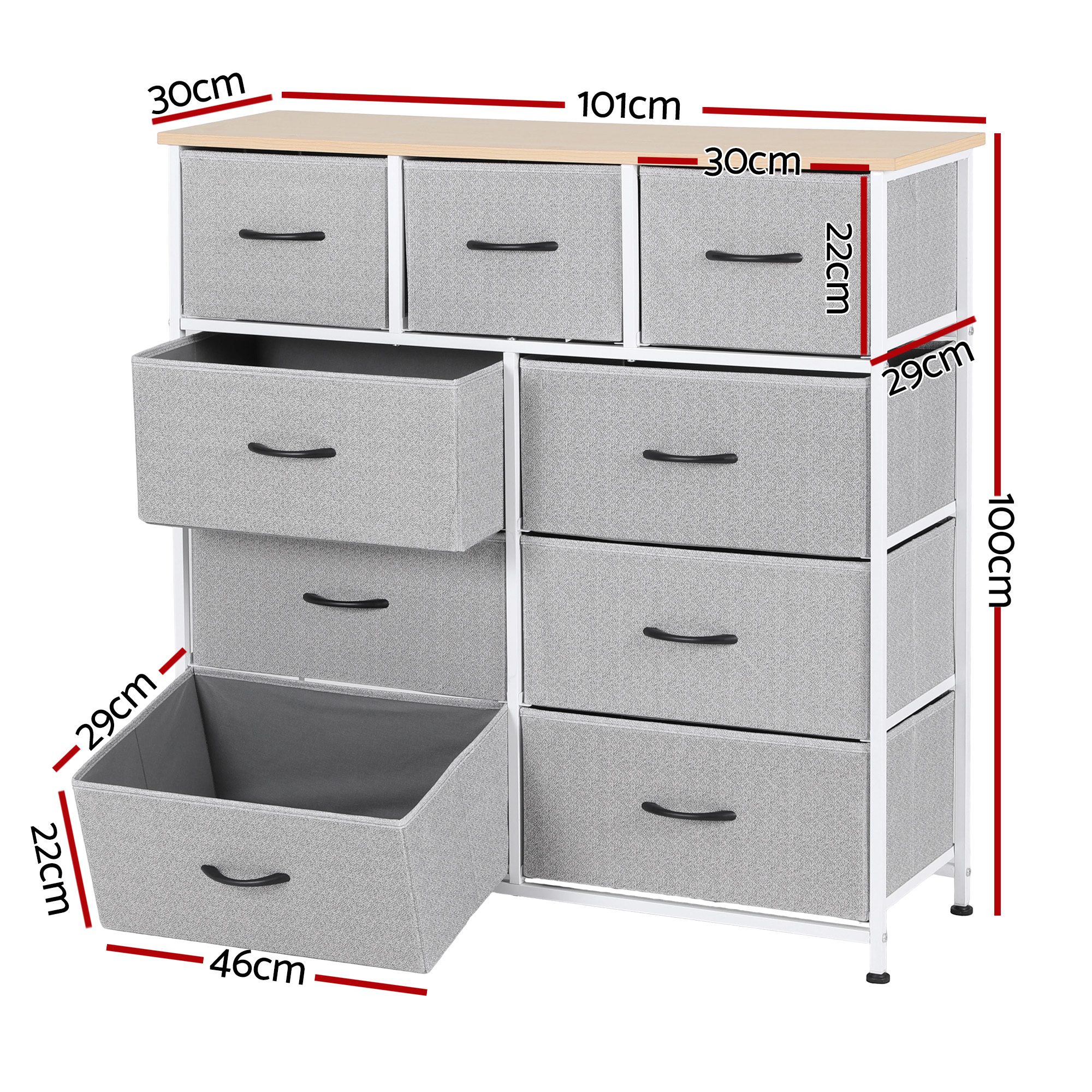 Artiss Chest of 9 Drawers Storage Dresser Tallboy Light Grey - Image 3