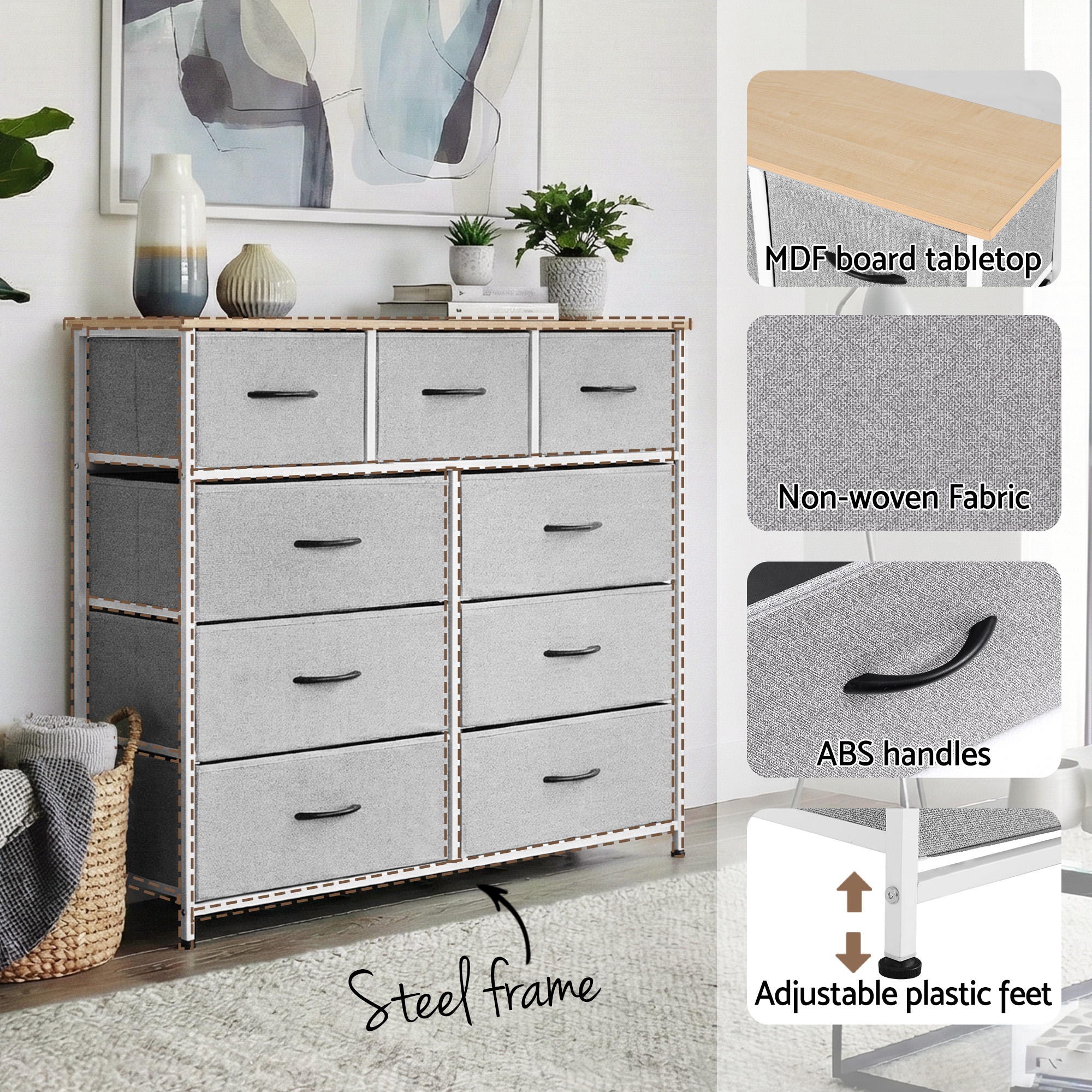 Artiss Chest of 9 Drawers Storage Dresser Tallboy Light Grey - Image 6