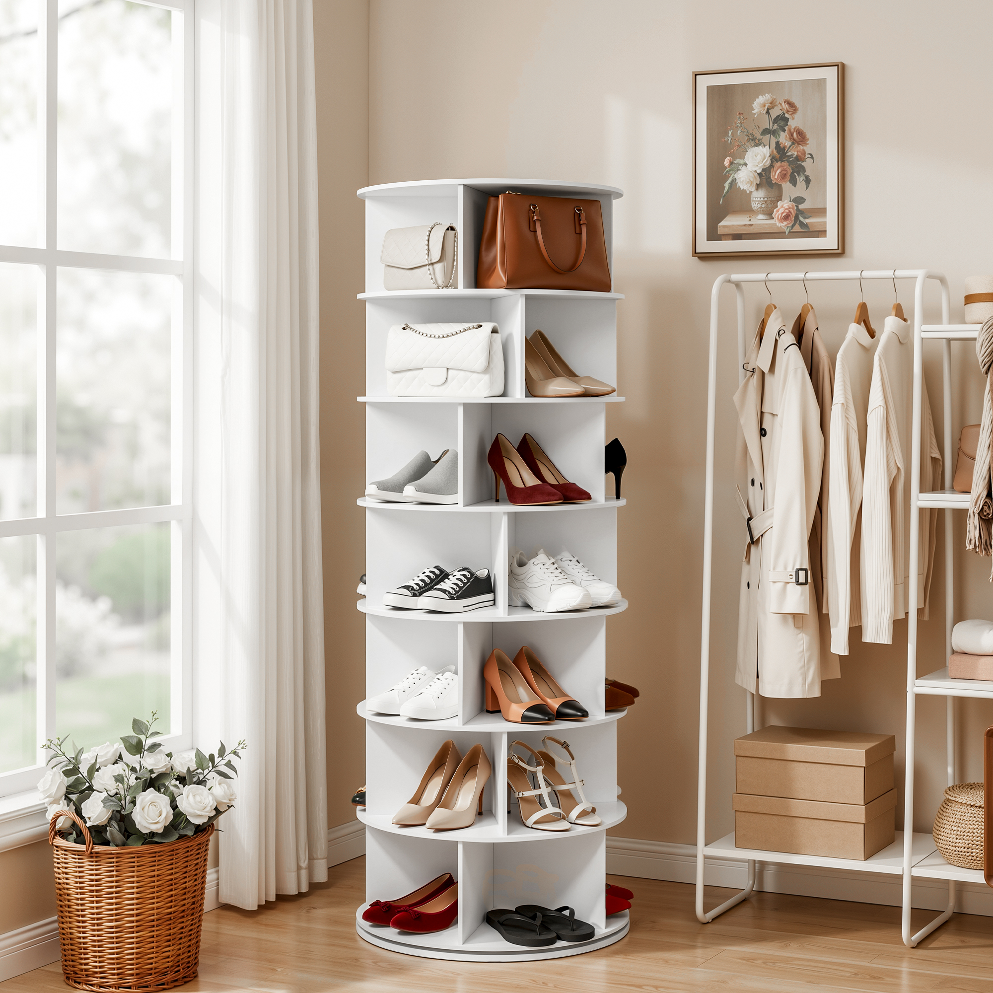 Artiss 7 Tier 360° Rotating Shoe Rack Storage Display Shelf White - Image 1