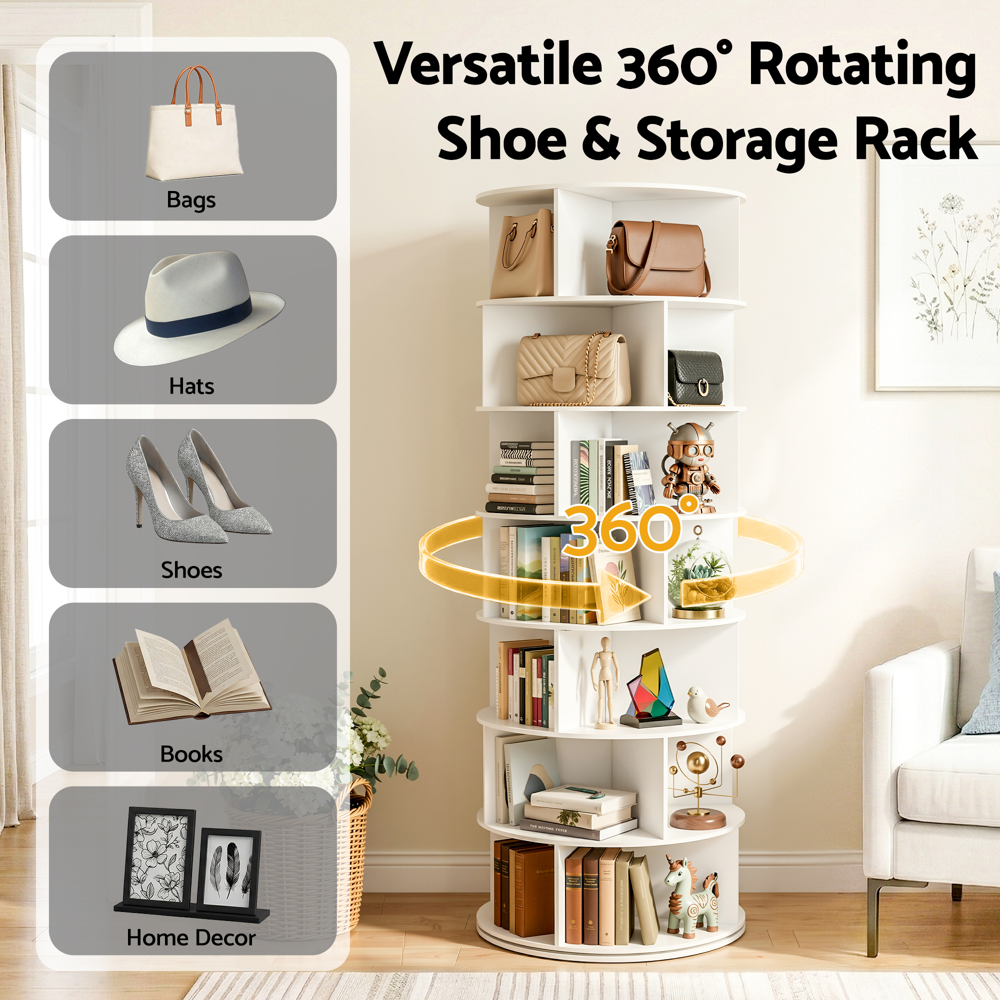 Artiss 7 Tier 360° Rotating Shoe Rack Storage Display Shelf White - Image 5