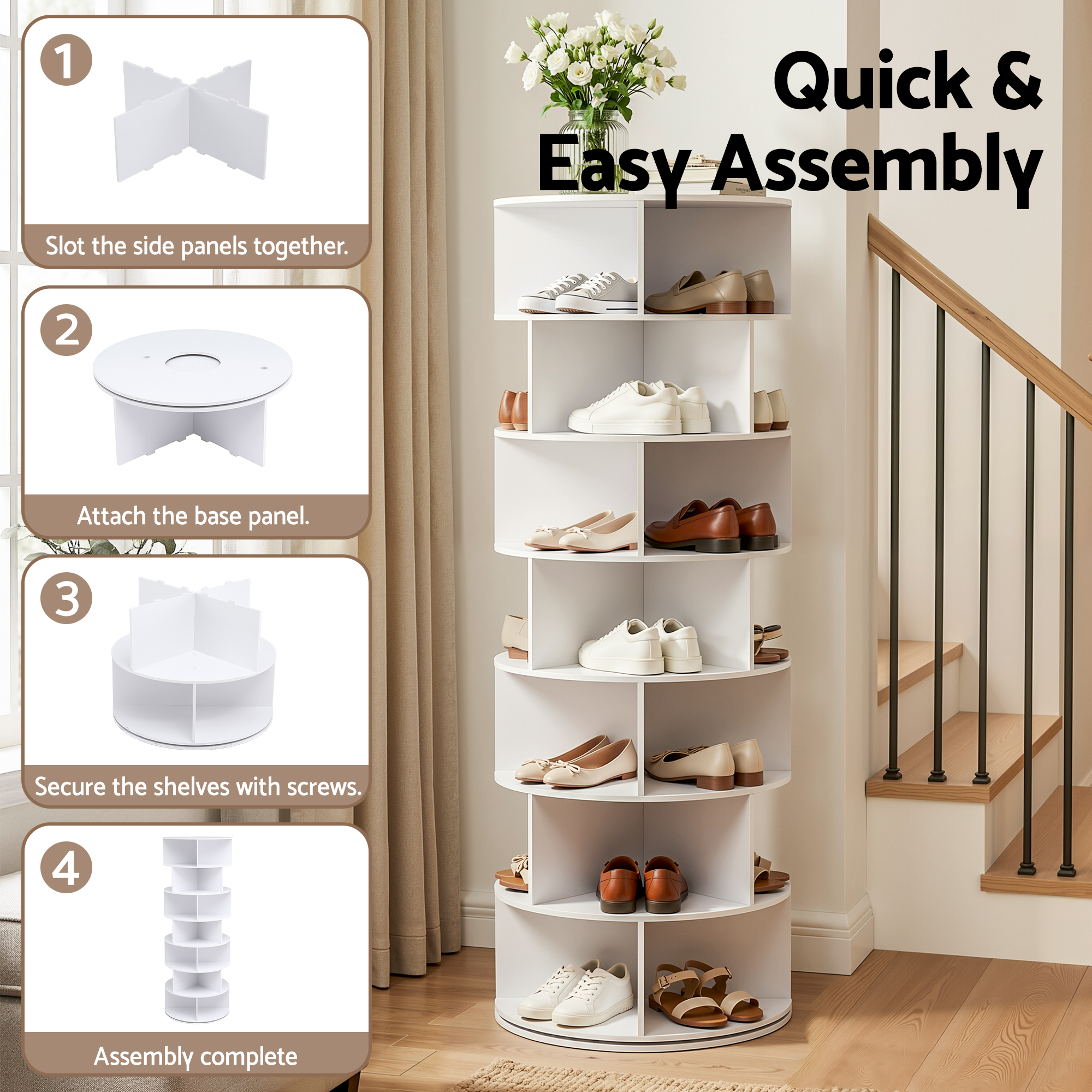 Artiss 7 Tier 360° Rotating Shoe Rack Storage Display Shelf White - Image 6