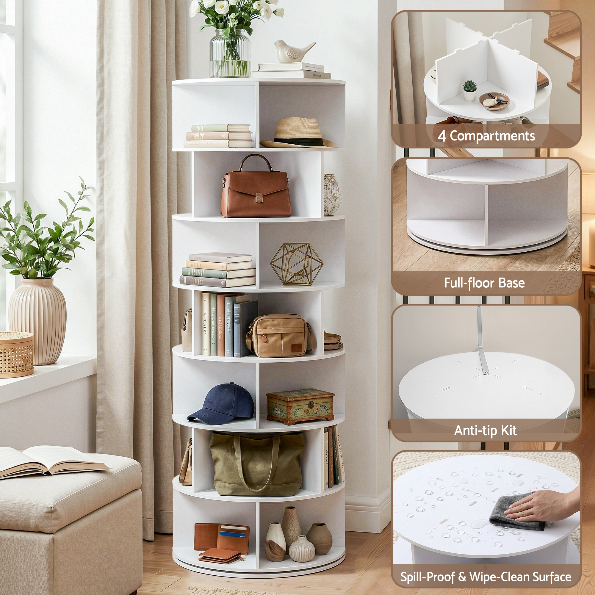Artiss 7 Tier 360° Rotating Shoe Rack Storage Display Shelf White - Image 7