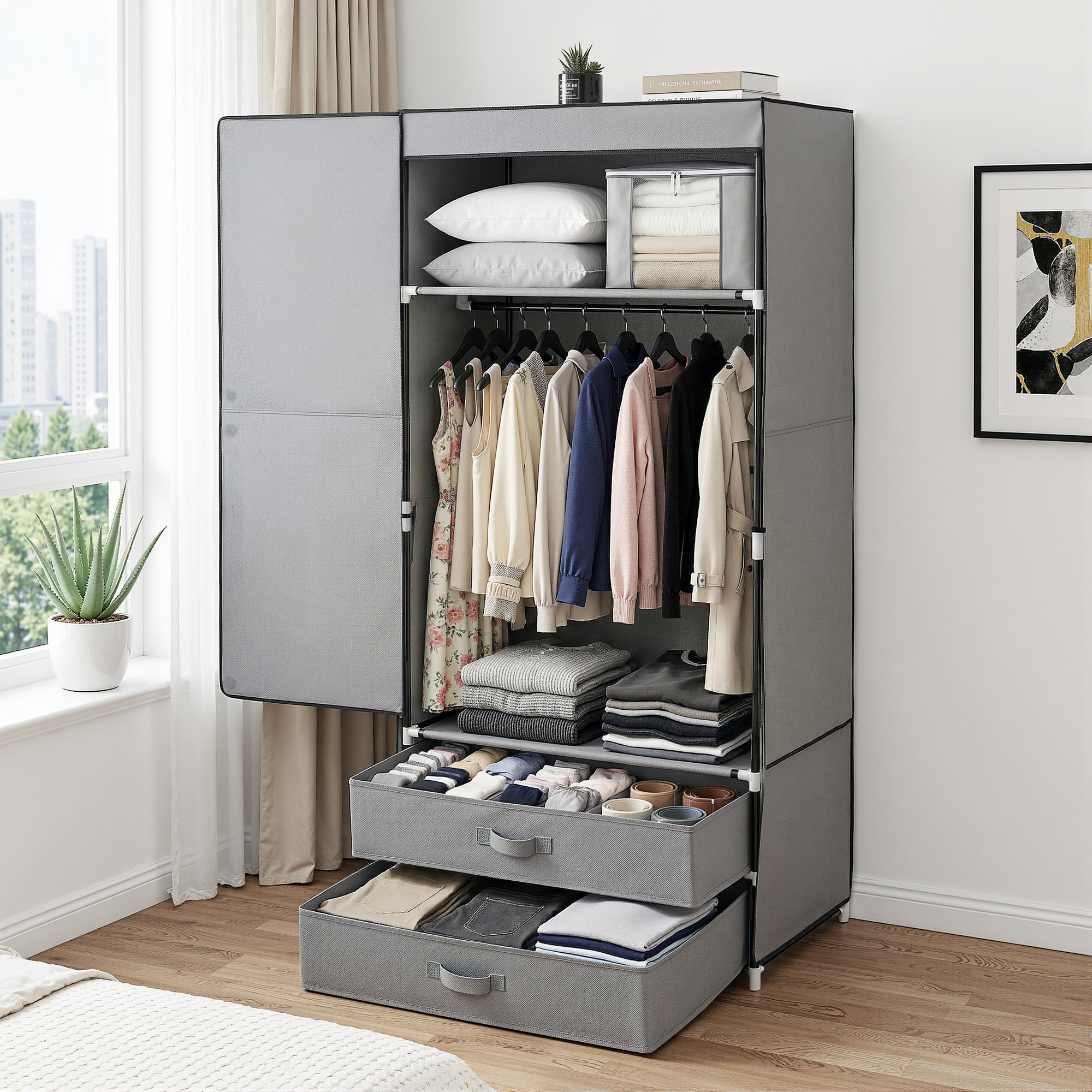 Artiss Large Portable Clothes Closet Wardrobe with Magnetic Door Grey - Image 1