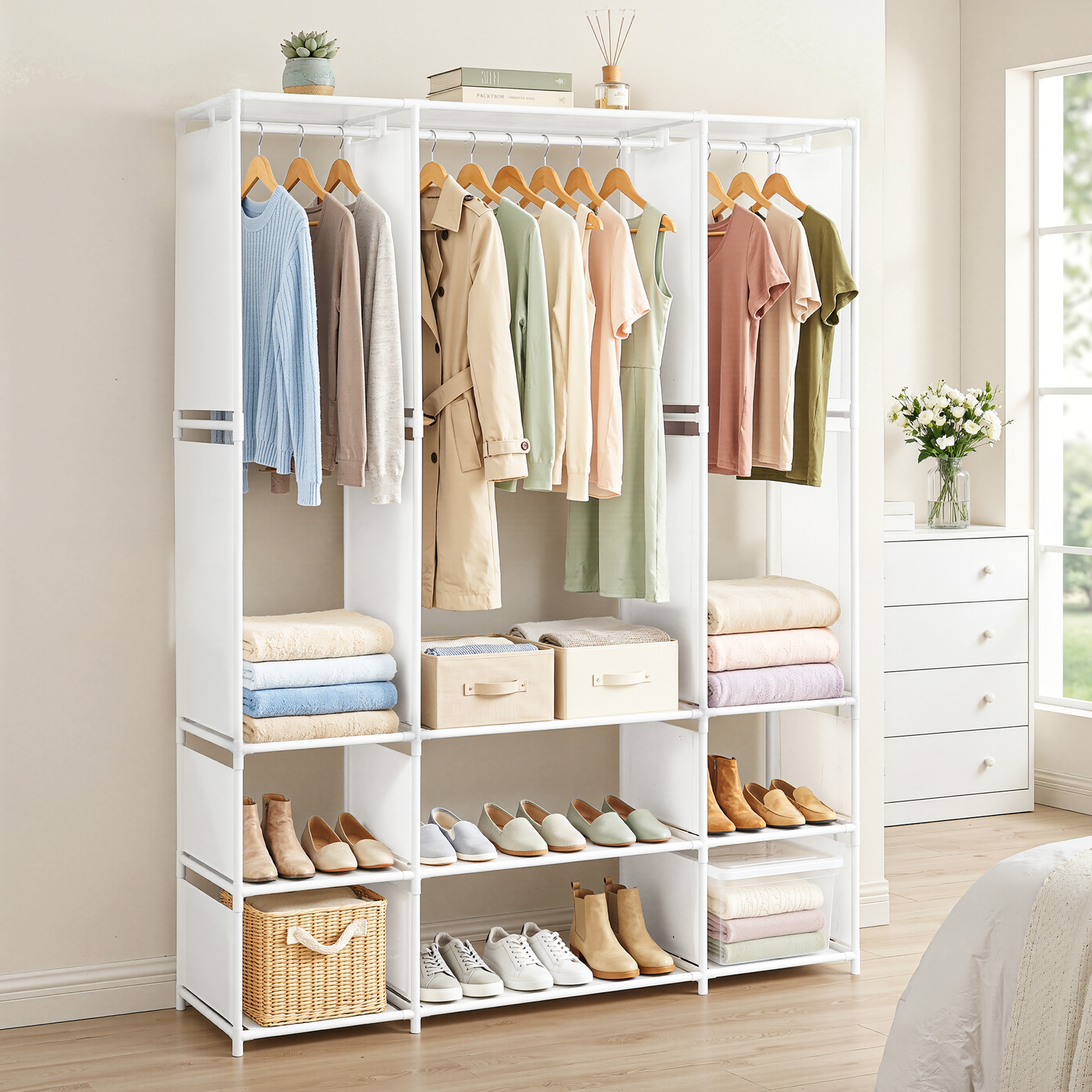 Artiss Large Portable Clothes Closet Wardrobe with Open Shelf White - Image 1