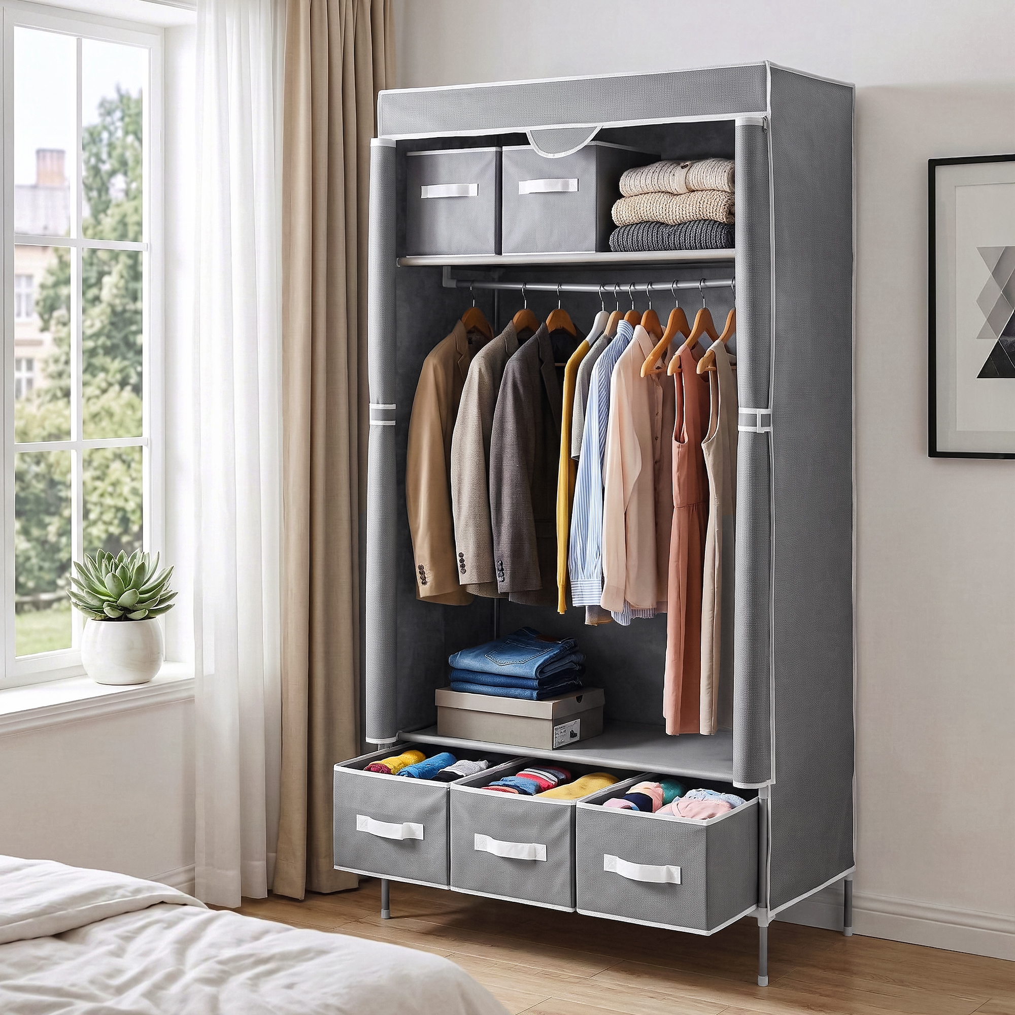 Artiss Large Portable Clothes Closet Wardrobe with Tiebacks Grey - Image 1