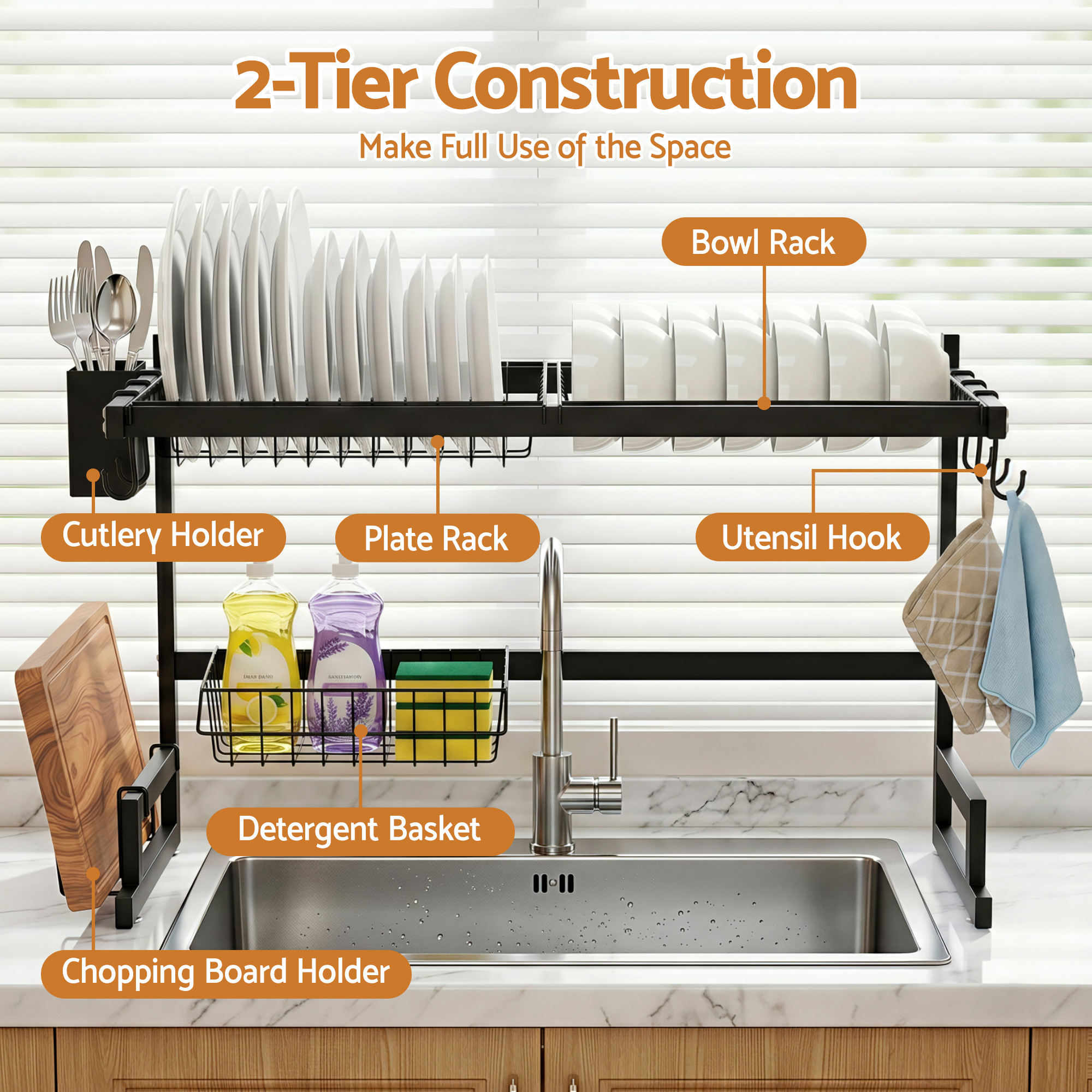 Cefito Dish Drying Rack for Kitchen Storage Organisation Kitchen Sink Organiser Dish Drainer - Image 4