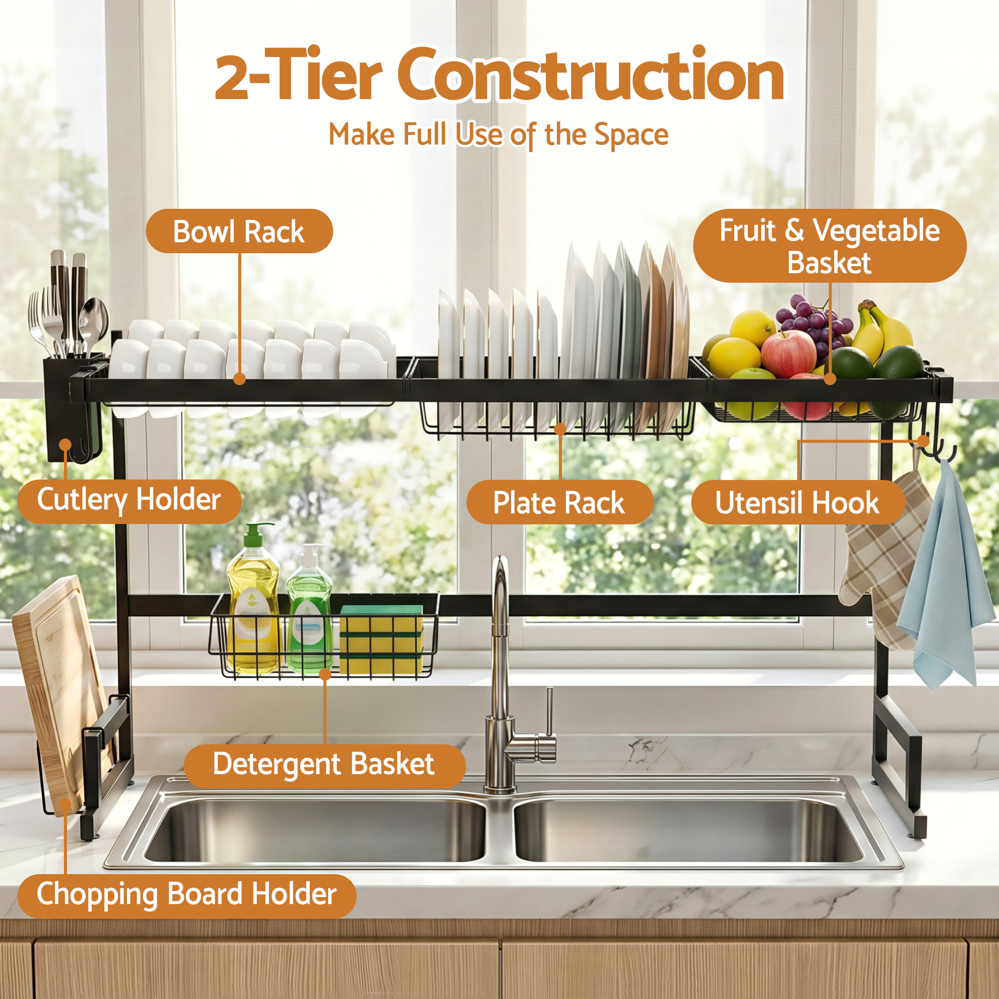 Cefito Dish Drying Rack for Kitchen Storage Organisation Kitchen Sink Organiser Dish Drainer - Image 4