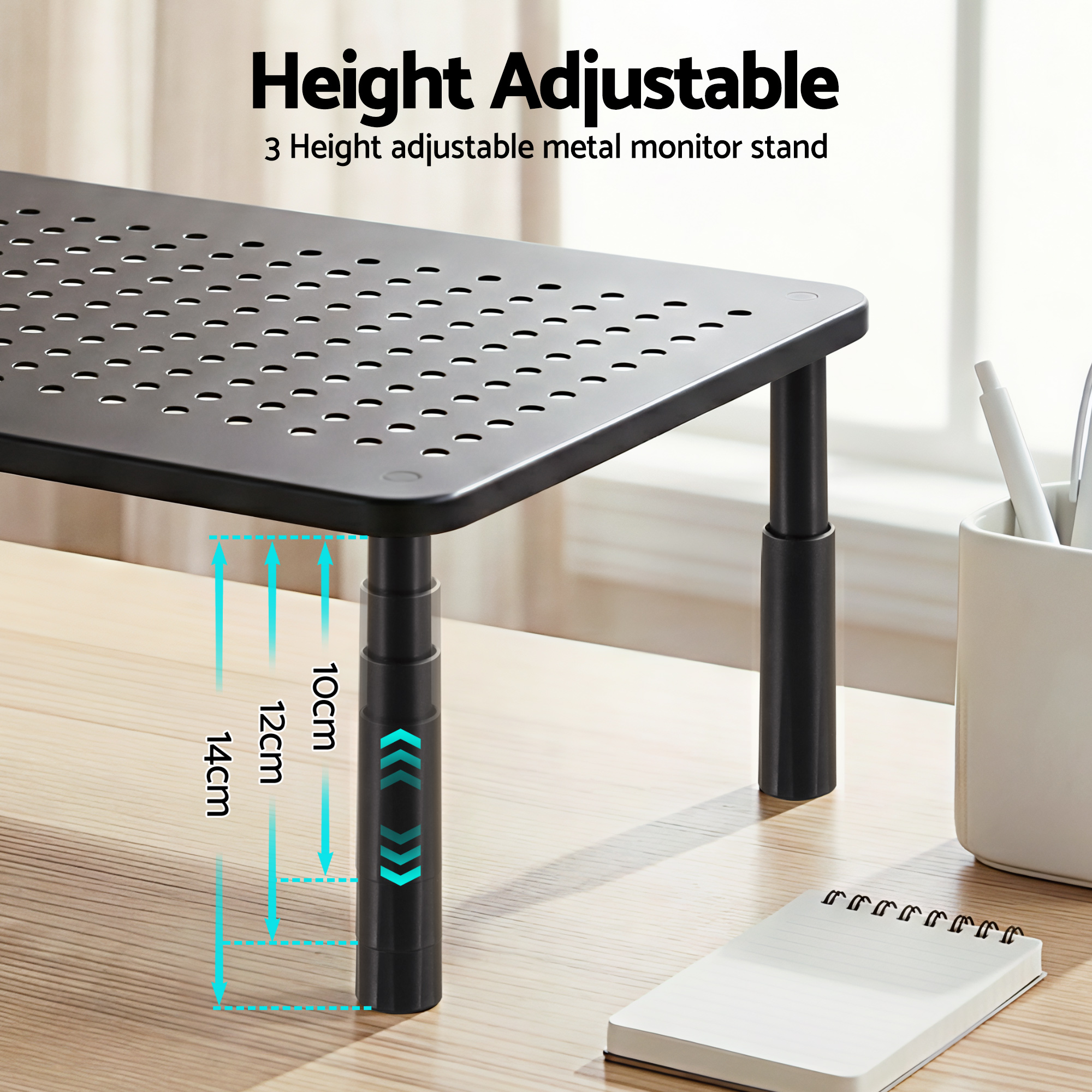 Artiss Monitor Stand Adjustable Riser For Computer Monitor And Laptop 3 Height Desk Organizer Black - Image 4