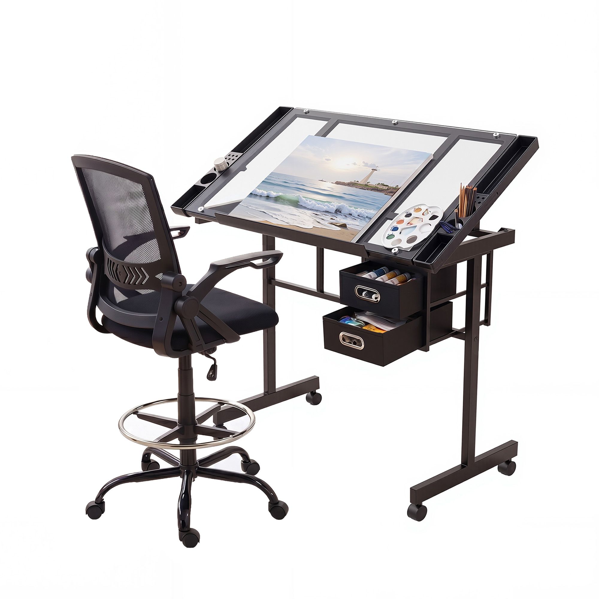 Artiss Drawing Table with Ergonomic Office Chair, Drafting Tables with Tempered Glass Desktop, Removable Drawers, Drafting Stool with Height Adjustable for Artwork Painting Studio - Image 1