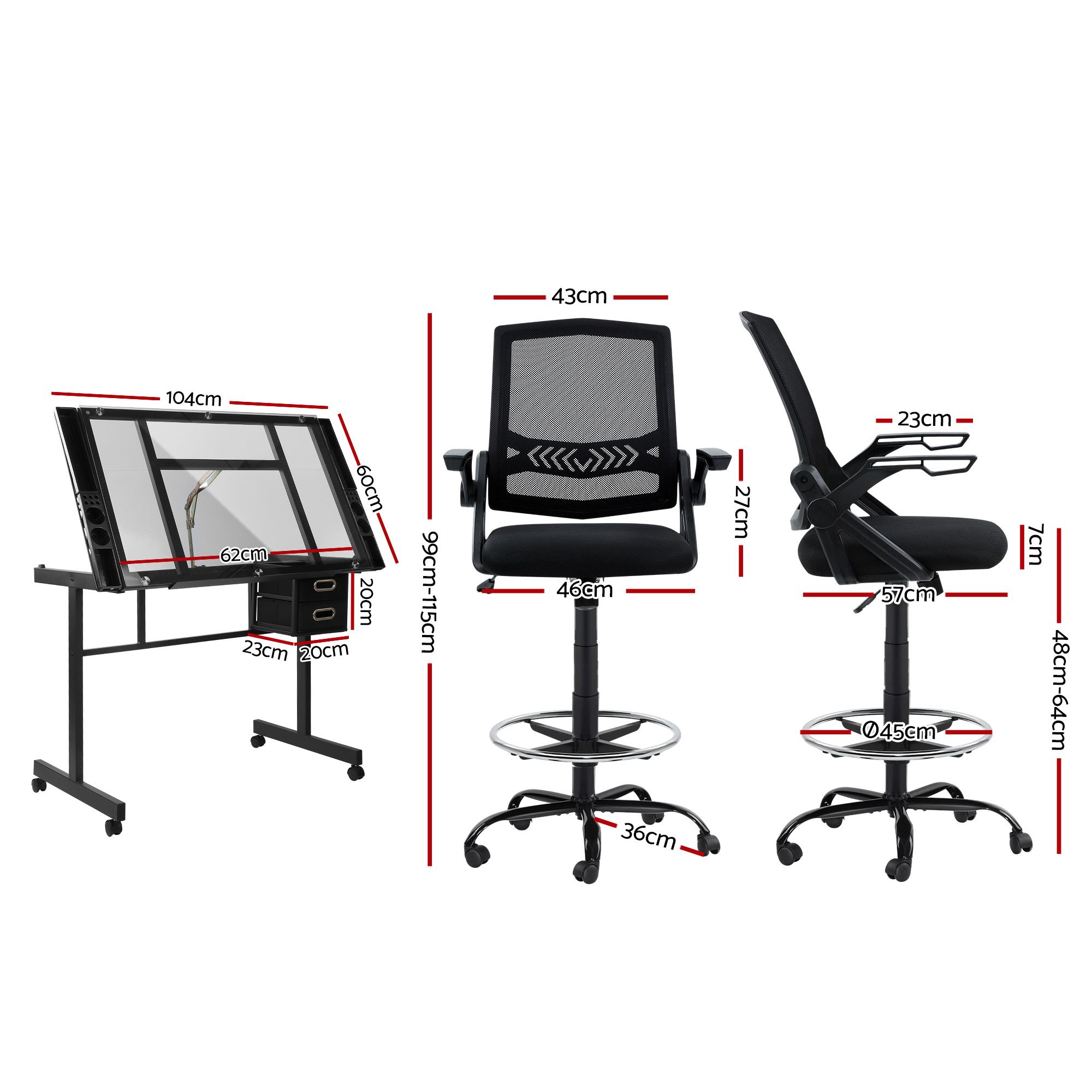 Artiss Drawing Table with Ergonomic Office Chair, Drafting Tables with Tempered Glass Desktop, Removable Drawers, Drafting Stool with Height Adjustable for Artwork Painting Studio - Image 2