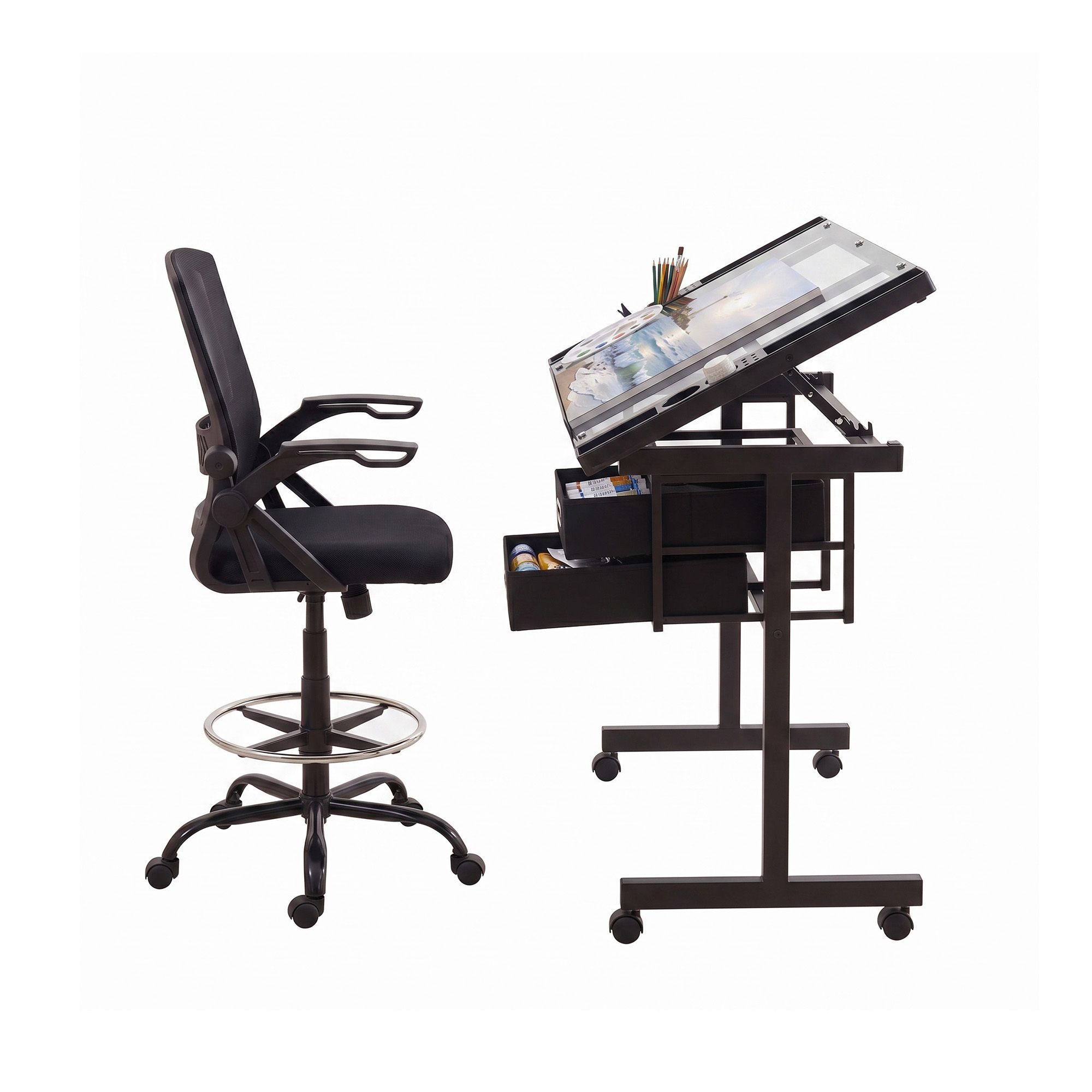 Artiss Drawing Table with Ergonomic Office Chair, Drafting Tables with Tempered Glass Desktop, Removable Drawers, Drafting Stool with Height Adjustable for Artwork Painting Studio - Image 3