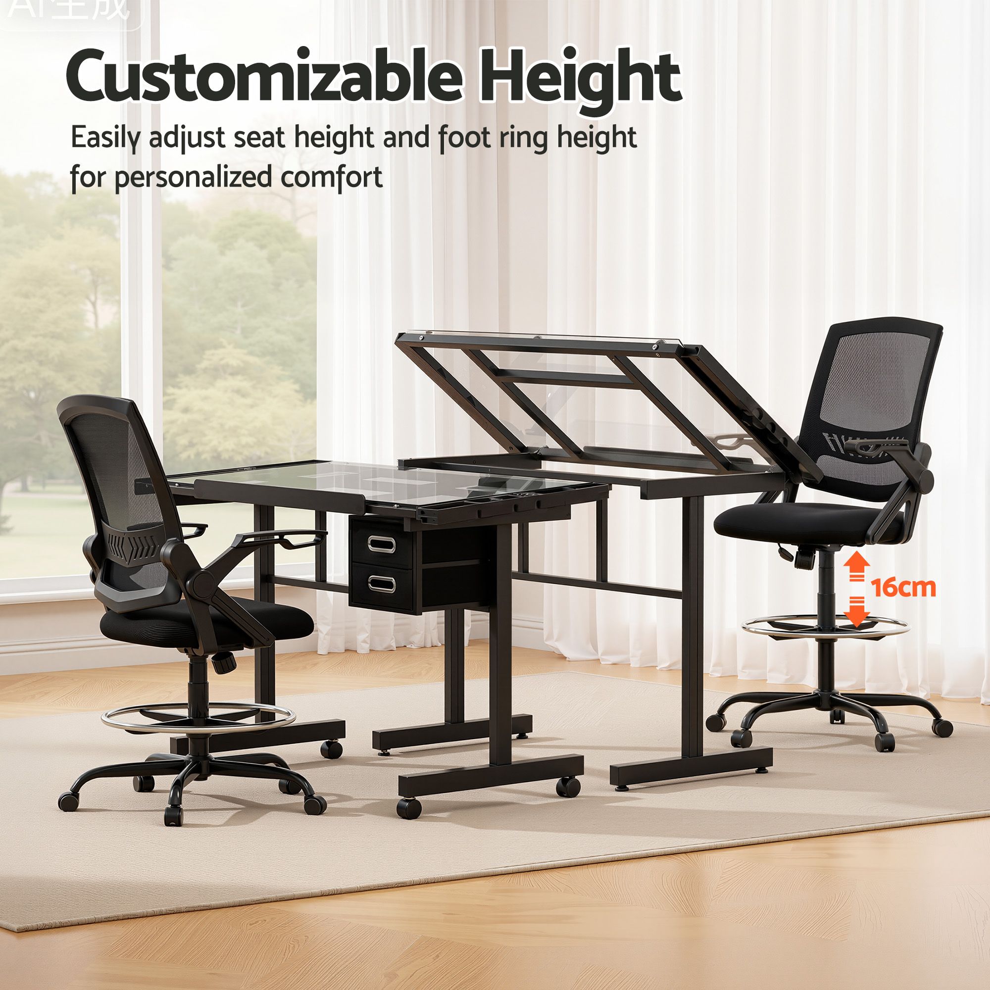 Artiss Drawing Table with Ergonomic Office Chair, Drafting Tables with Tempered Glass Desktop, Removable Drawers, Drafting Stool with Height Adjustable for Artwork Painting Studio - Image 4