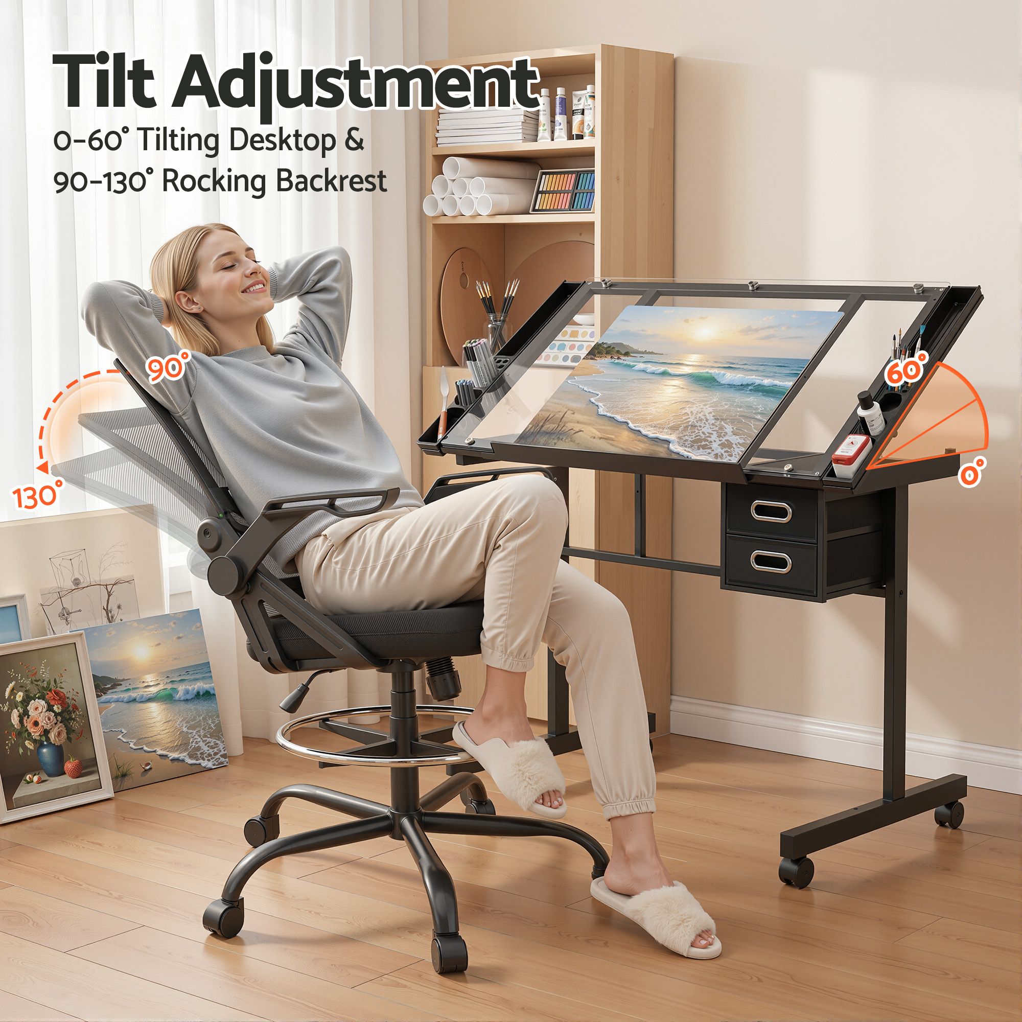 Artiss Drawing Table with Ergonomic Office Chair, Drafting Tables with Tempered Glass Desktop, Removable Drawers, Drafting Stool with Height Adjustable for Artwork Painting Studio - Image 5