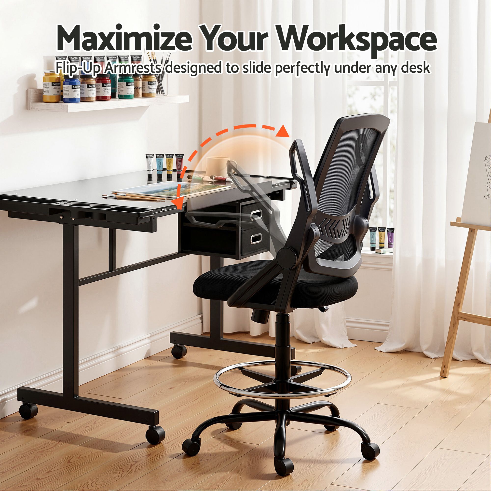 Artiss Drawing Table with Ergonomic Office Chair, Drafting Tables with Tempered Glass Desktop, Removable Drawers, Drafting Stool with Height Adjustable for Artwork Painting Studio - Image 7