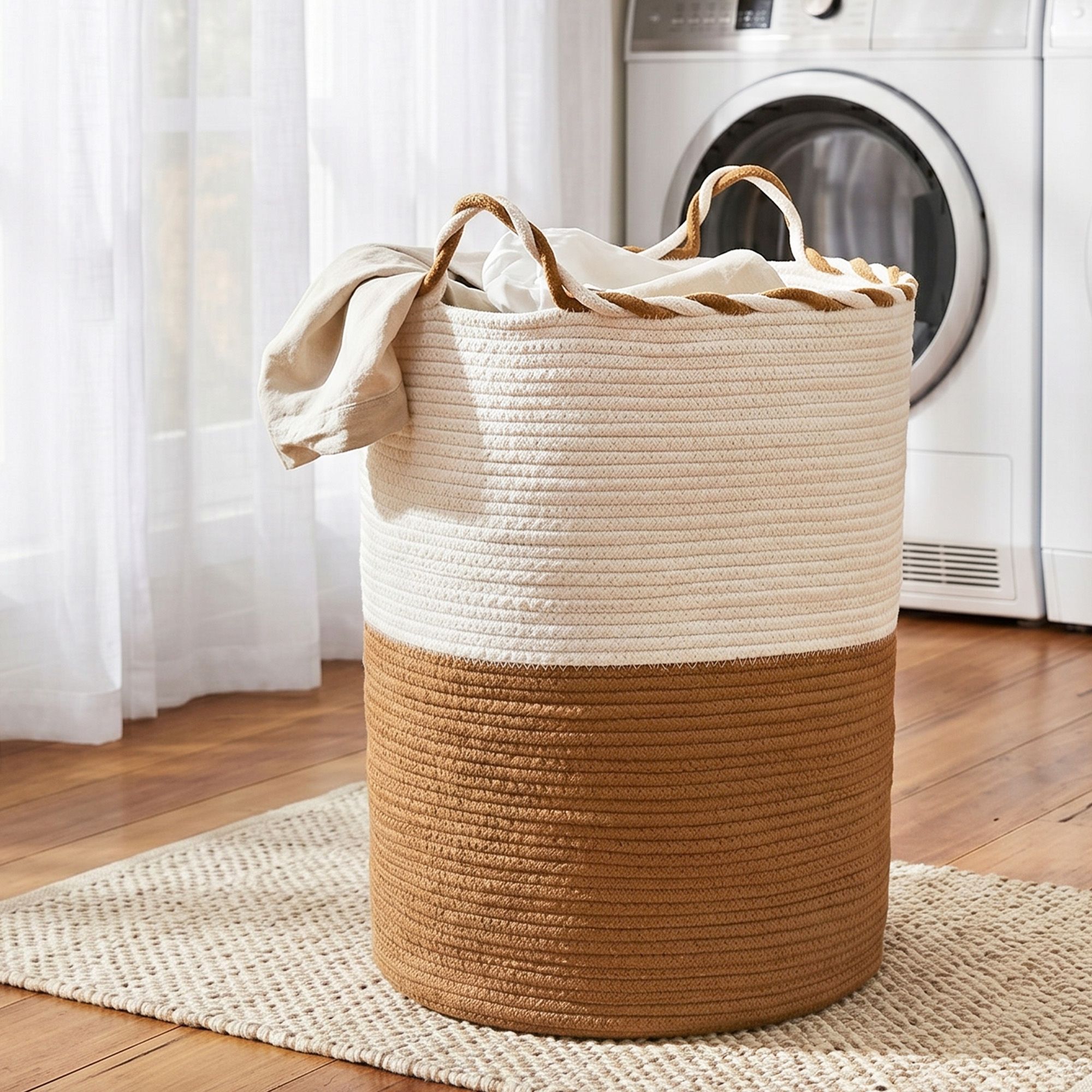 Artiss Woven Laundry Basket with handles Foldable White & Brown - Image 1