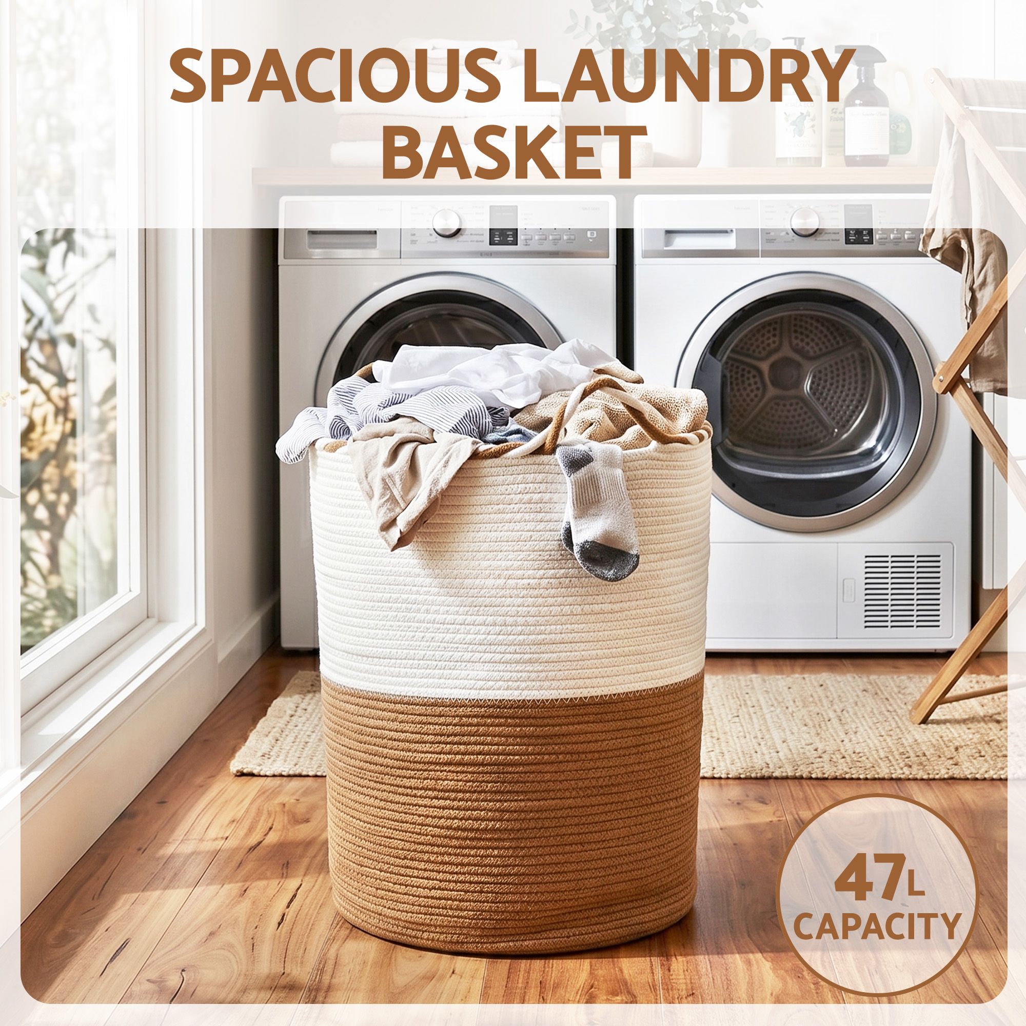 Artiss Woven Laundry Basket with handles Foldable White & Brown - Image 4