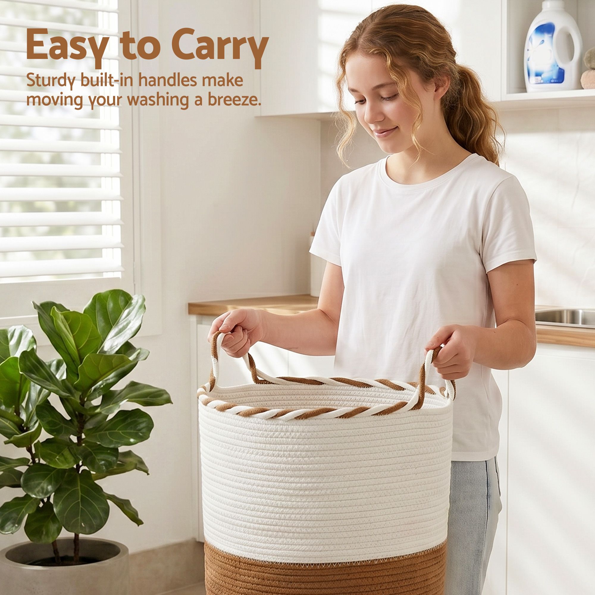 Artiss Woven Laundry Basket with handles Foldable White & Brown - Image 5