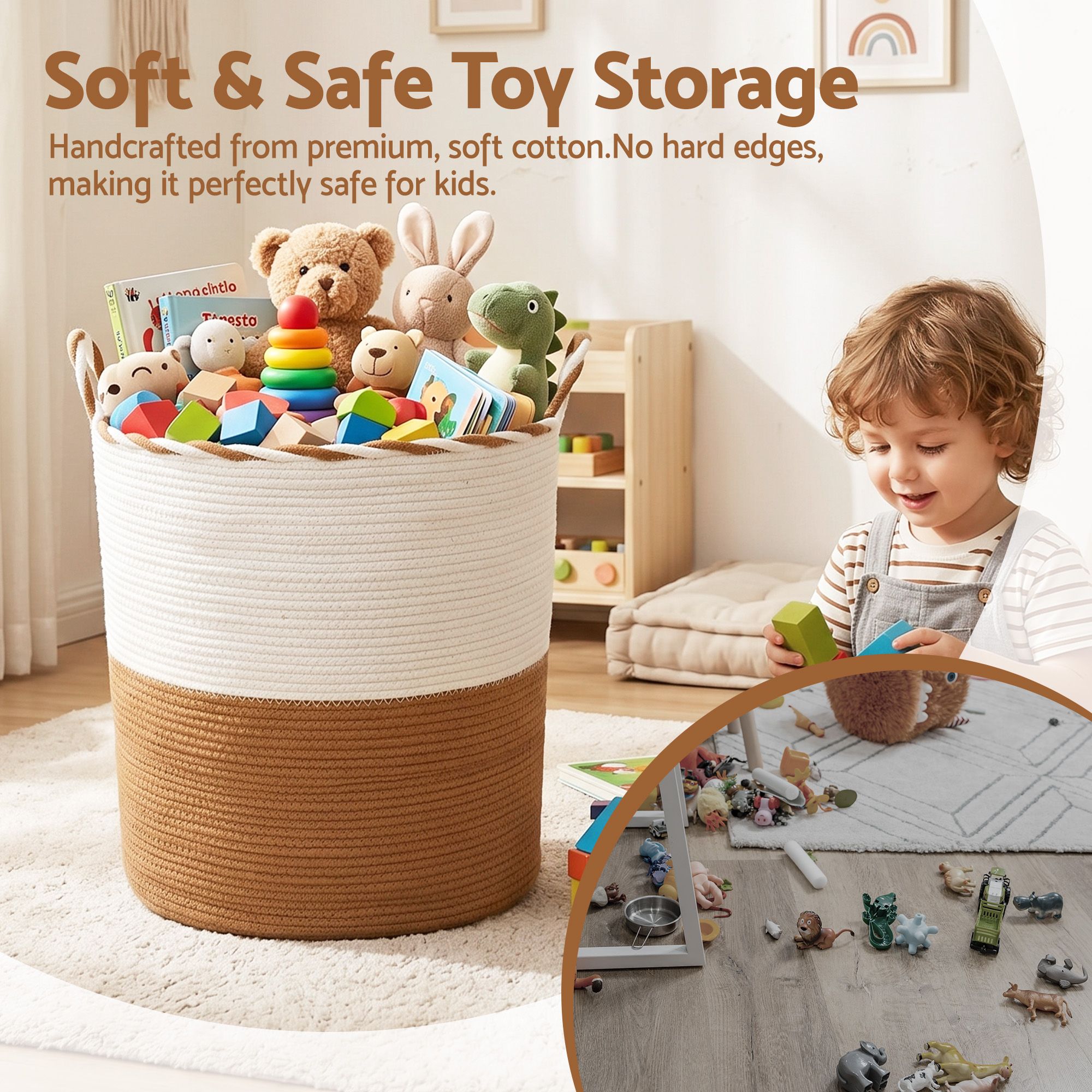 Artiss Woven Laundry Basket with handles Foldable White & Brown - Image 6