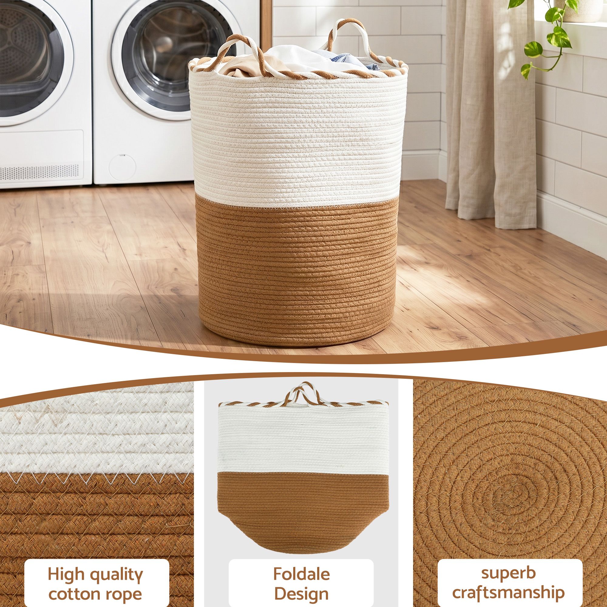Artiss Woven Laundry Basket with handles Foldable White & Brown - Image 7