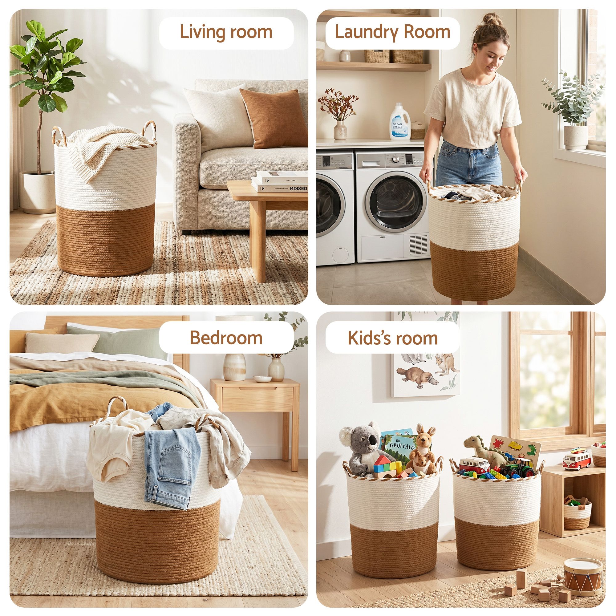 Artiss Woven Laundry Basket with handles Foldable White & Brown - Image 8