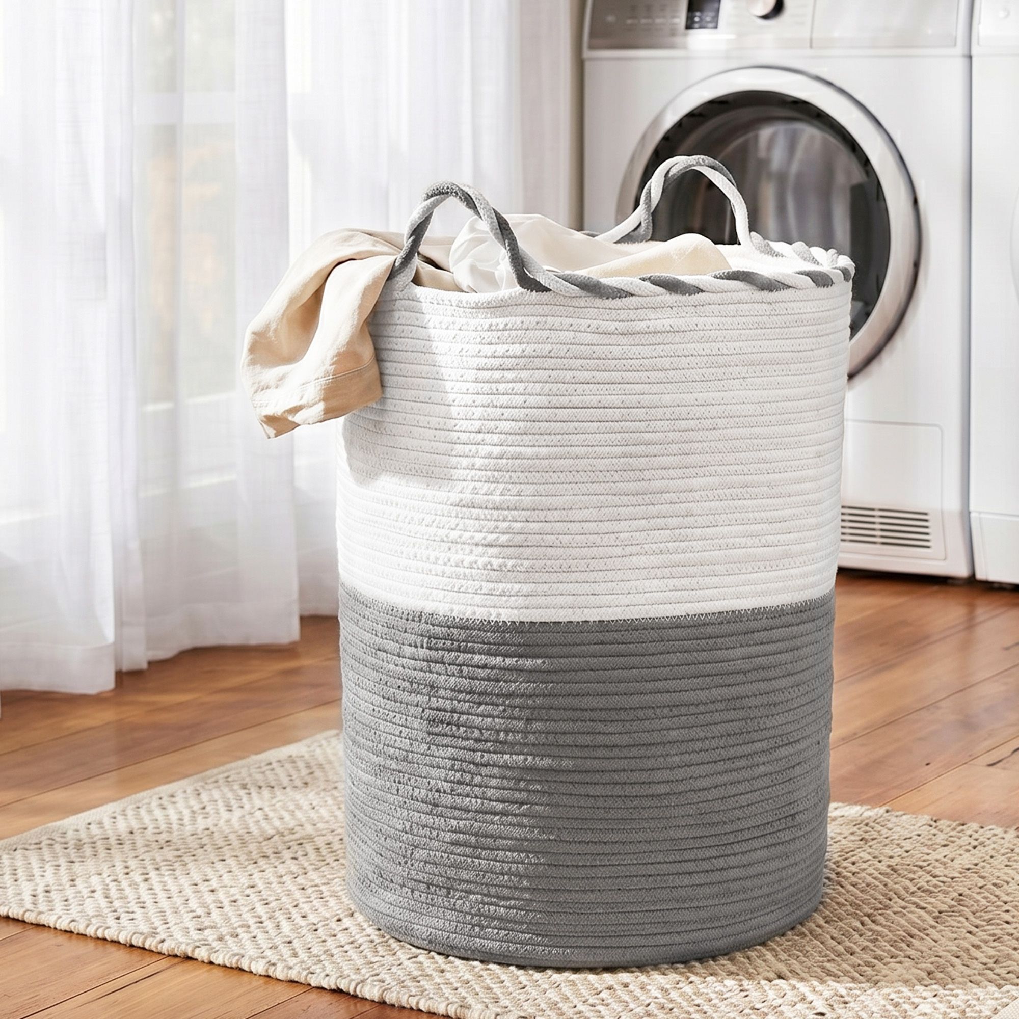 Artiss Woven Laundry Basket with handles Foldable White & Grey - Image 1