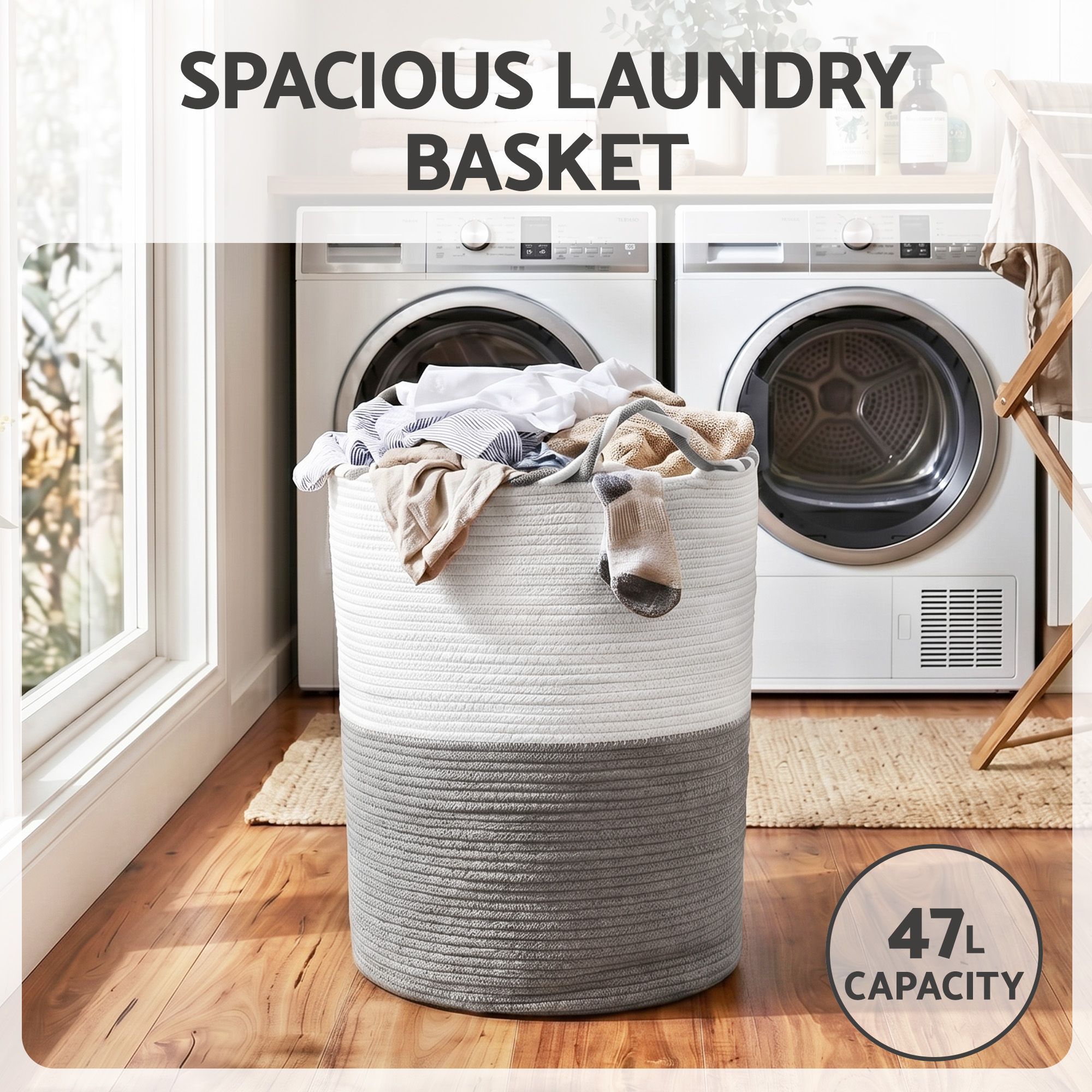 Artiss Woven Laundry Basket with handles Foldable White & Grey - Image 4
