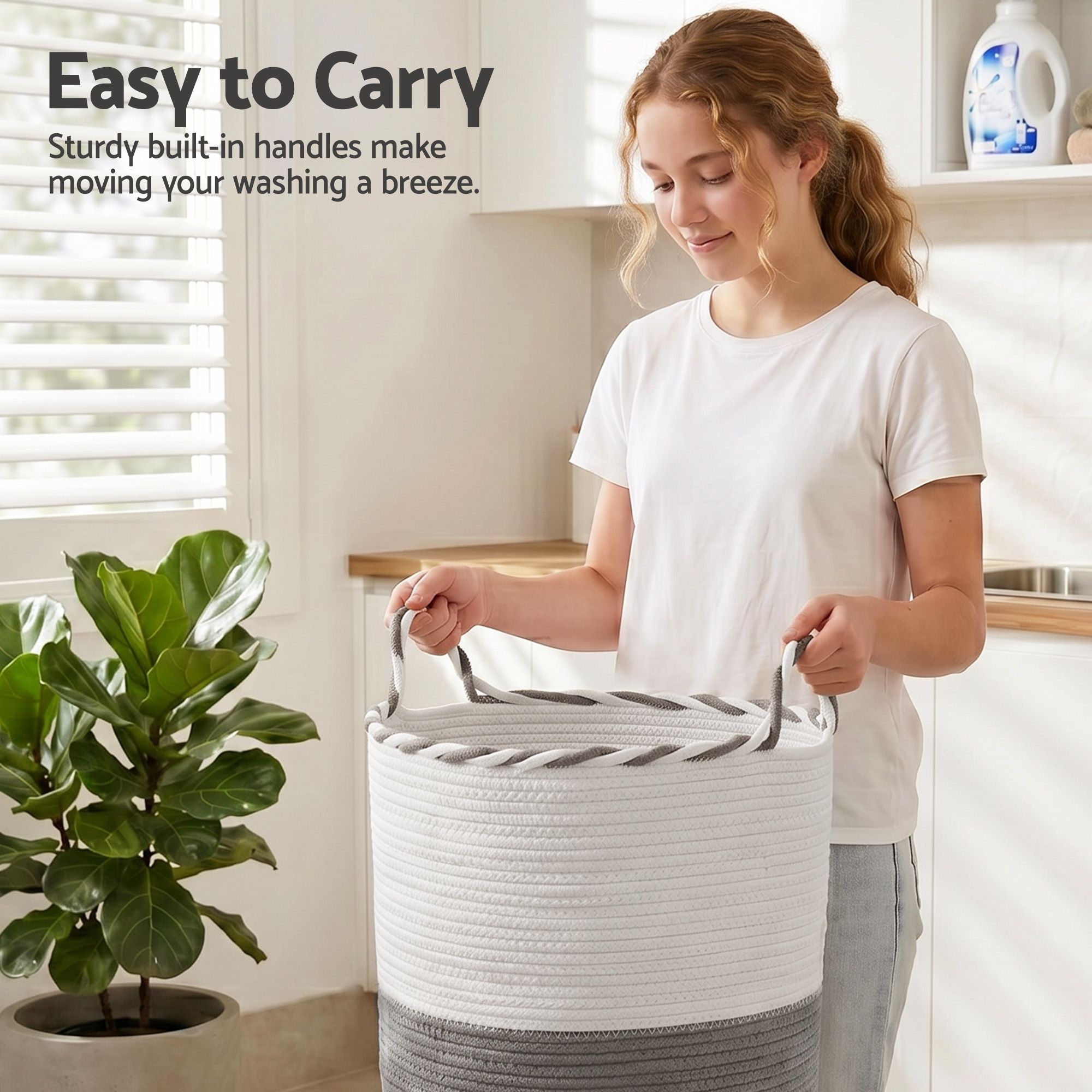 Artiss Woven Laundry Basket with handles Foldable White & Grey - Image 5