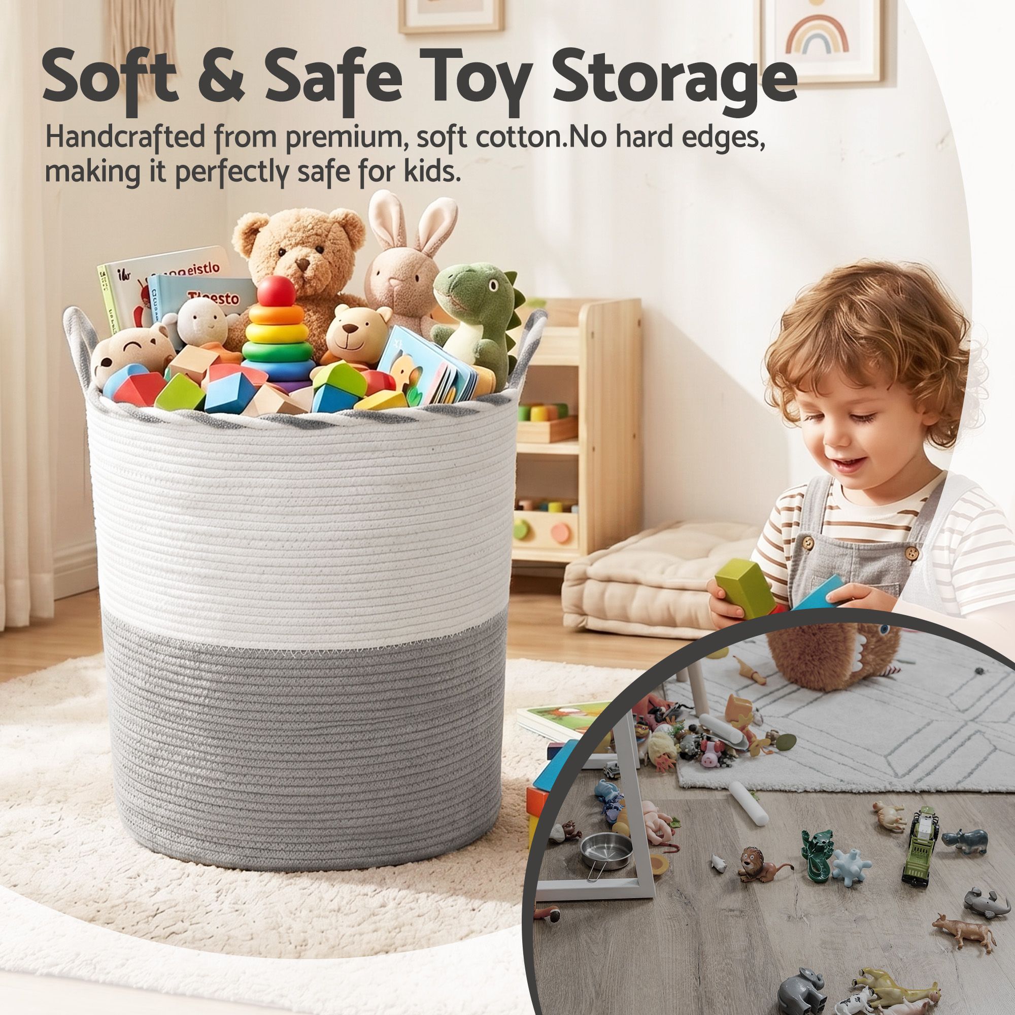 Artiss Woven Laundry Basket with handles Foldable White & Grey - Image 6