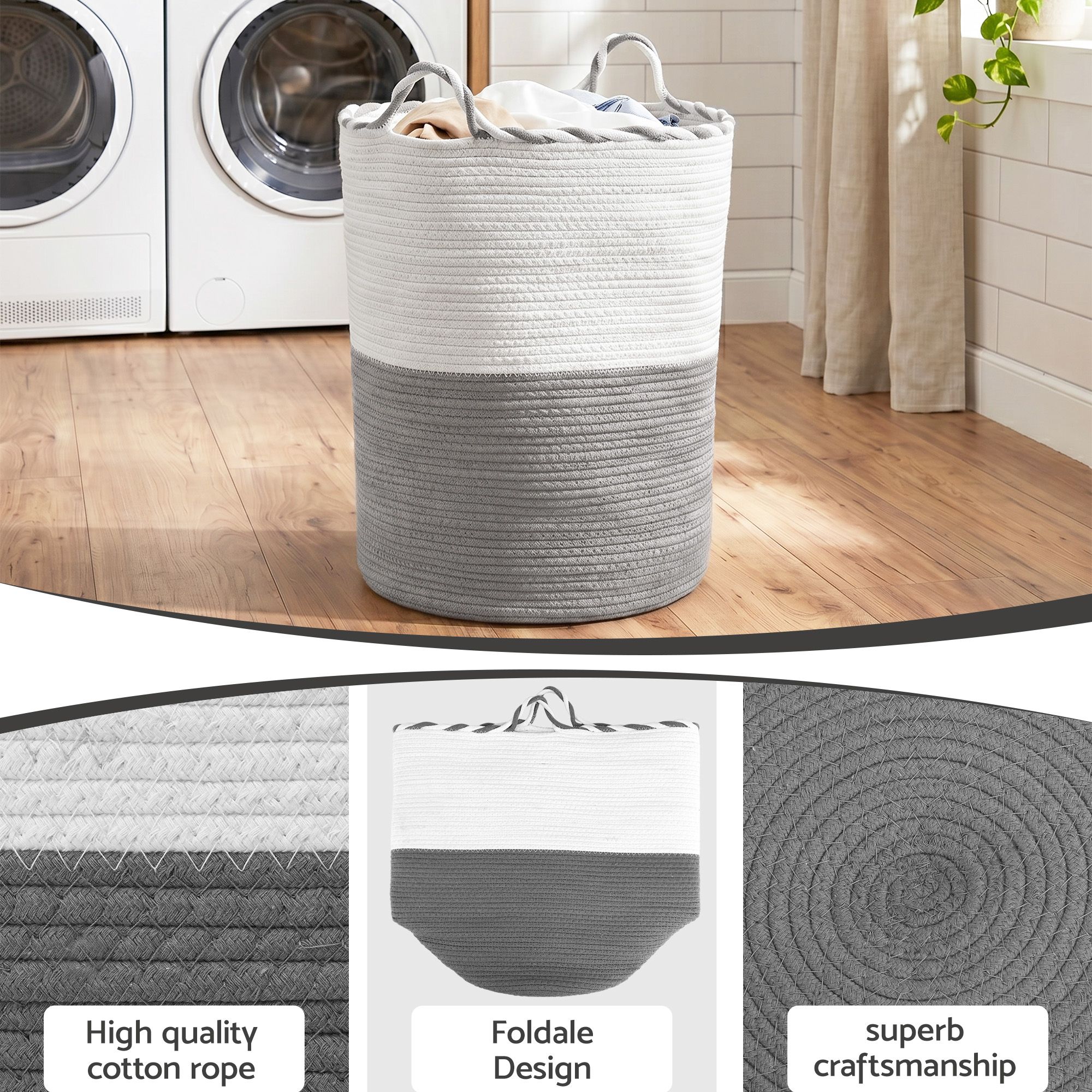 Artiss Woven Laundry Basket with handles Foldable White & Grey - Image 7