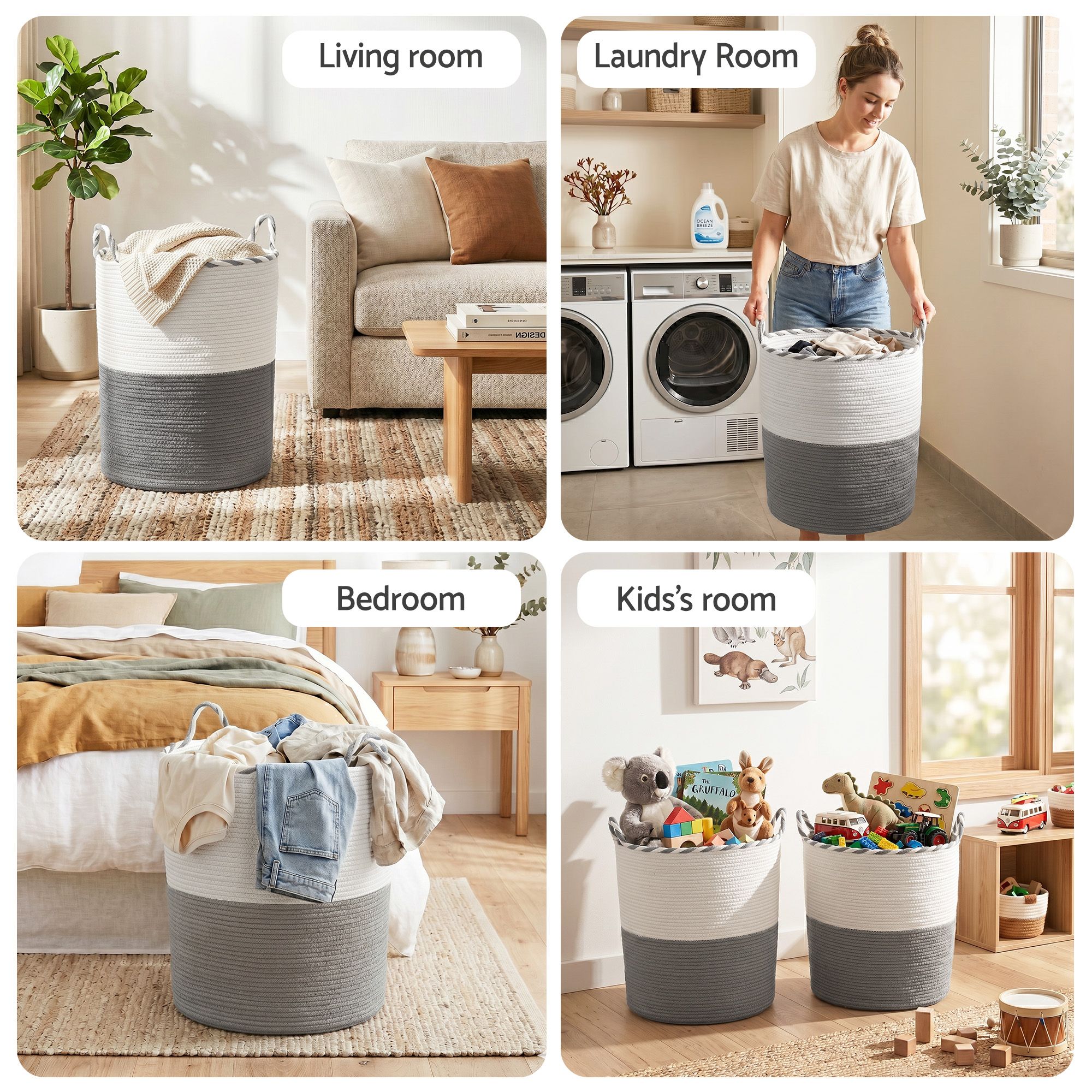 Artiss Woven Laundry Basket with handles Foldable White & Grey - Image 8
