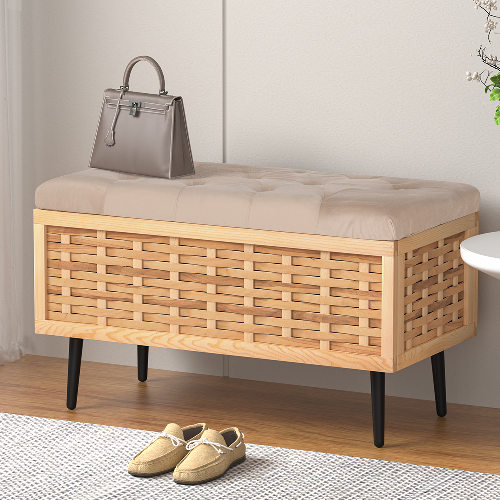 Artiss Storage Ottoman Blanket Box 80cm Weaved Velvet Pine - Image 1