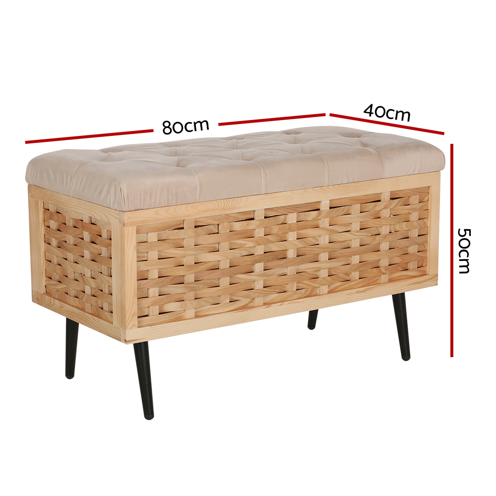 Artiss Storage Ottoman Blanket Box 80cm Weaved Velvet Pine - Image 2