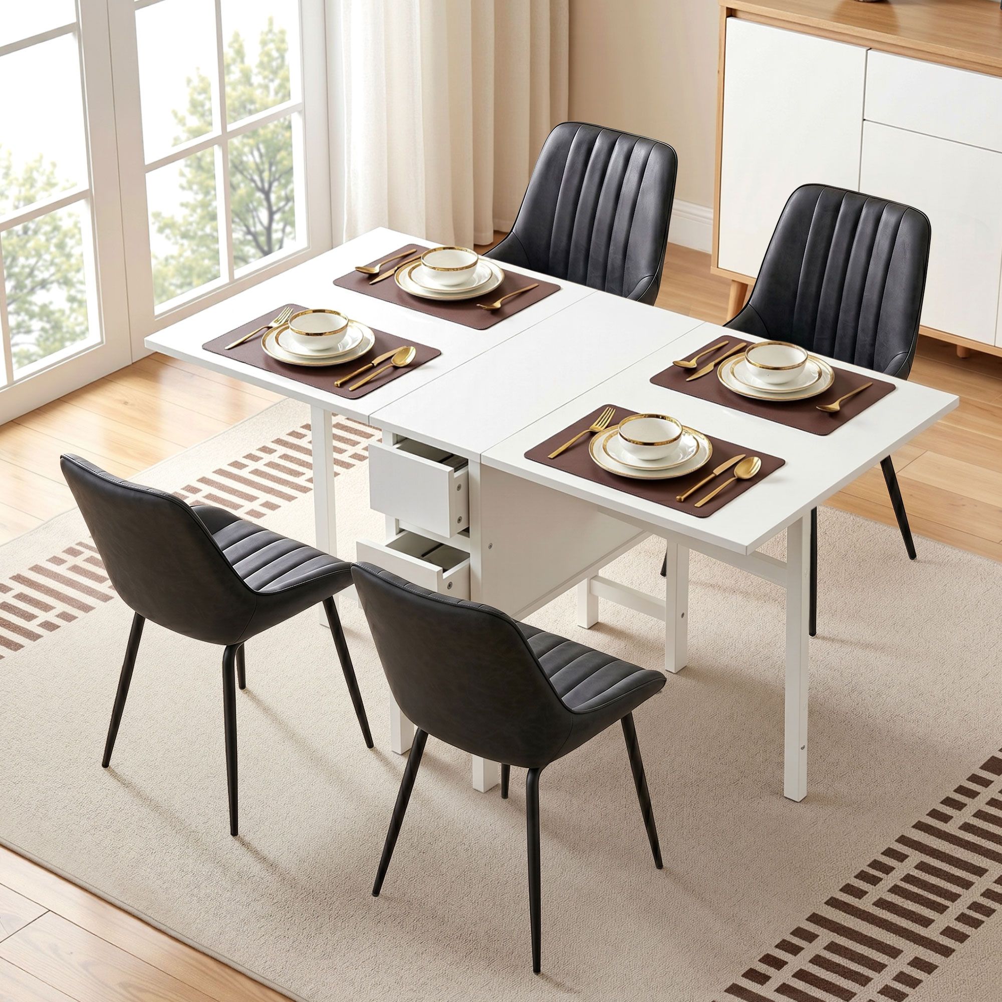 Artiss Dining Table and Chairs Set 5pcs Foldable Kitchen Furniture with 2 Drawers Black and White - Image 4