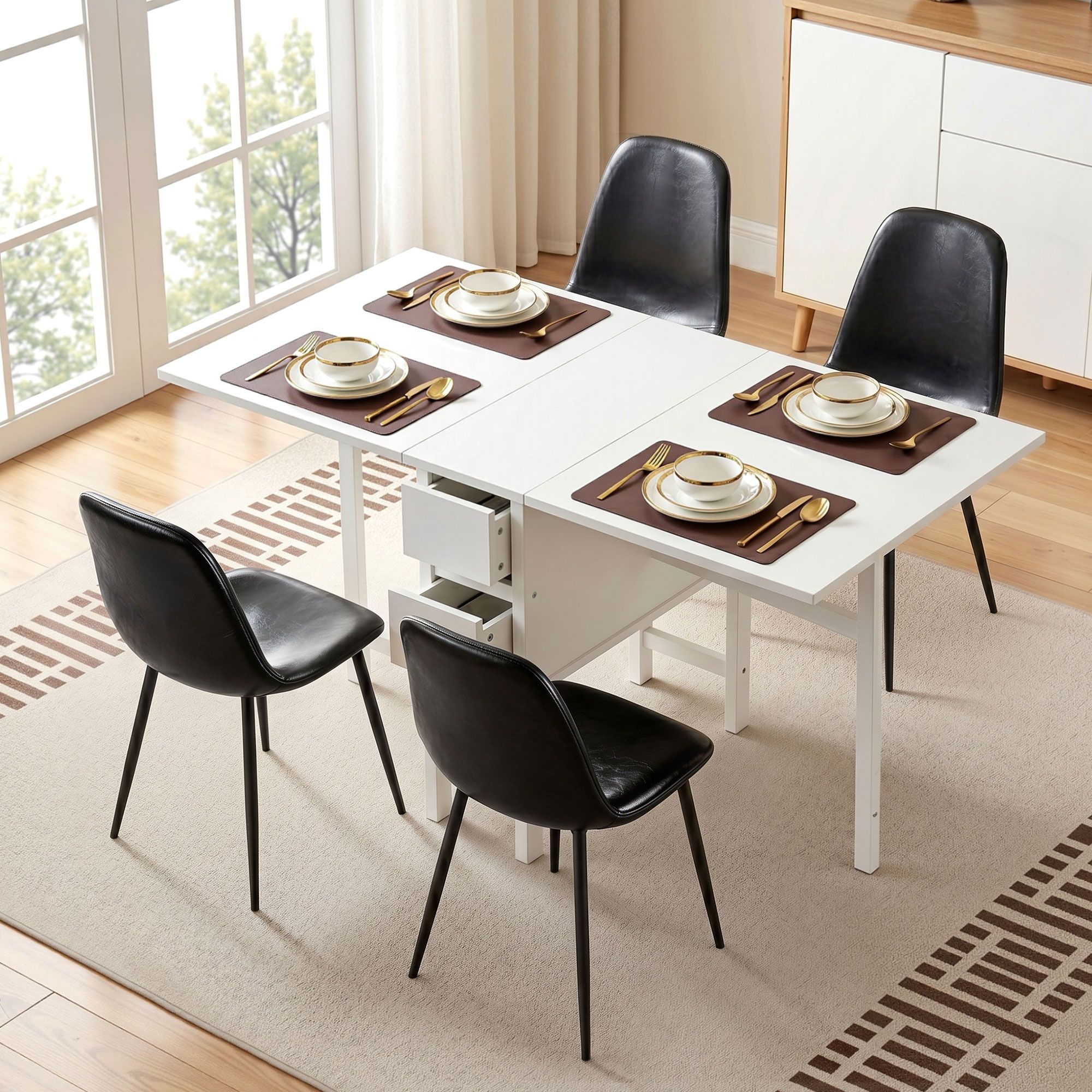 Artiss Dining Table and Chairs Set 5pcs Foldable with 2 Drawers Black and White - Image 4