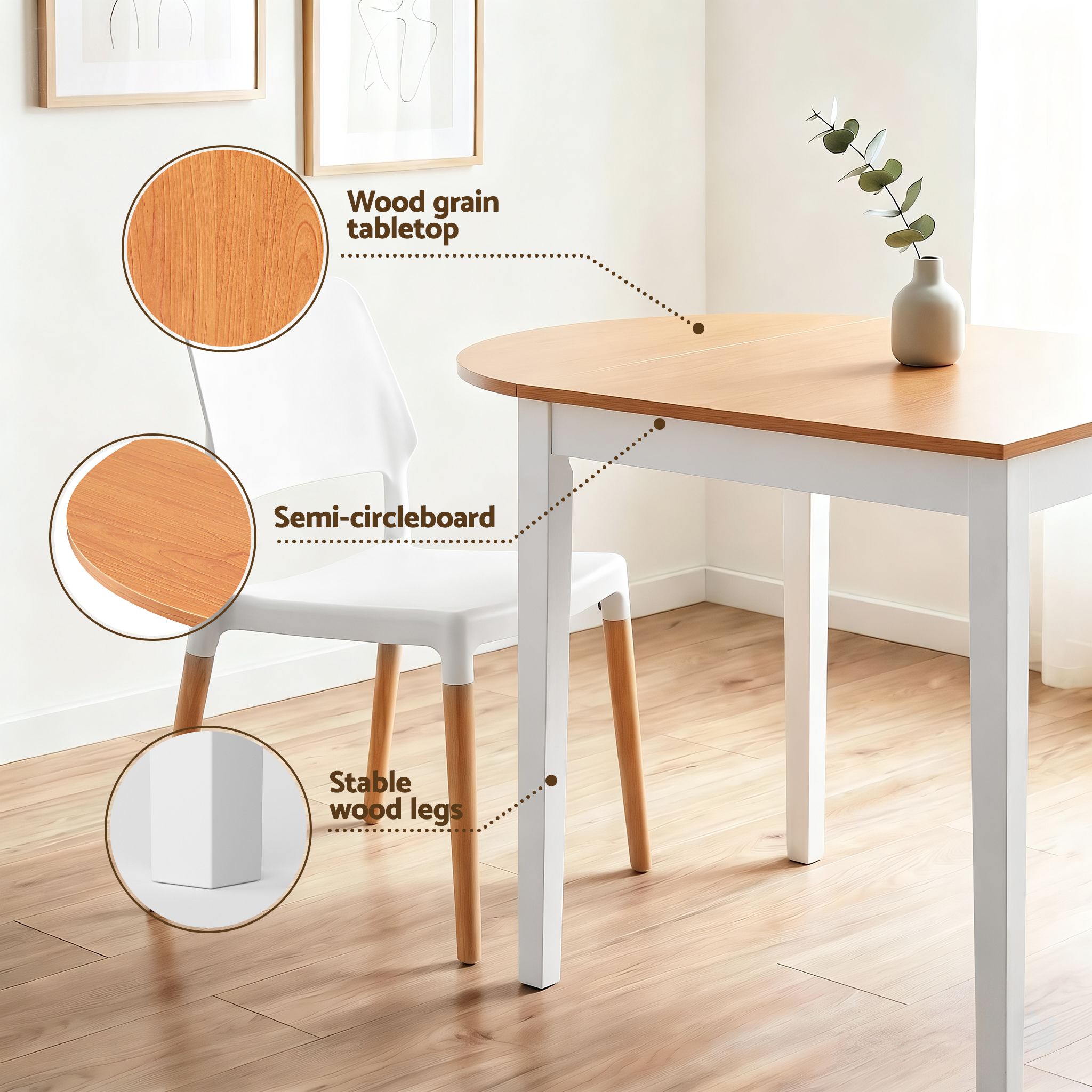 Artiss Dining Table and Chairs Set 5PCS, 75-110cm Drop-Leaf Table, with 4 Dining Chairs White Wooden, 4 Seater Dining Table Set for Kitchen, Apartment, Café - Image 6